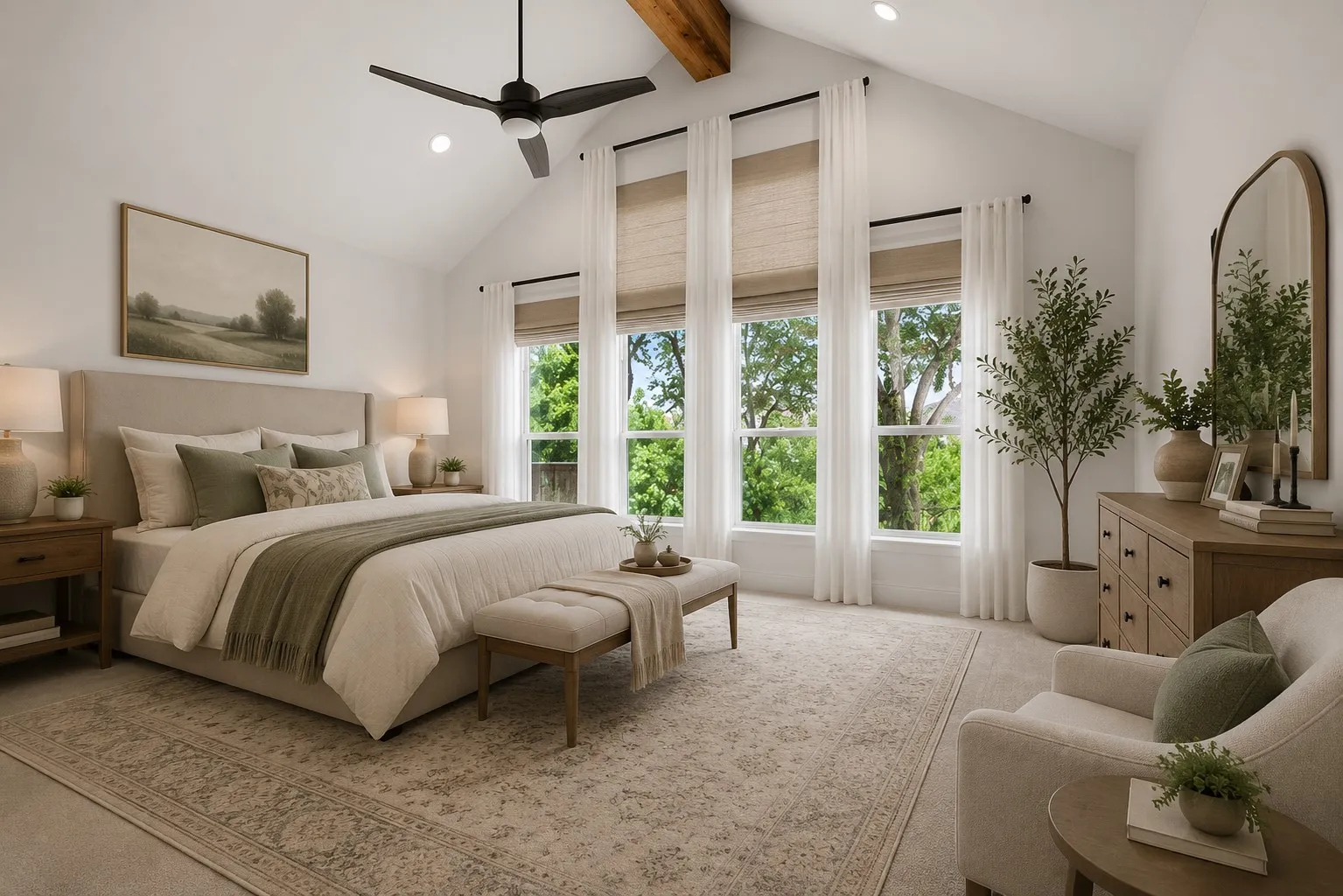 A serene bedroom retreat with soaring ceilings, exposed wood beam detail, and a stunning wall of windows that fills the space with natural light and peaceful tree-lined views. (Ai Staged)