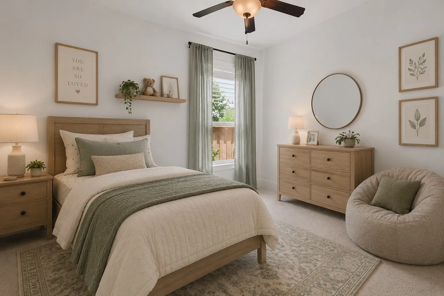 A bright and inviting secondary bedroom with soft carpeting, a large window, and a clean neutral palette ready for a child’s room, guest suite, or home office. (Ai Staged)