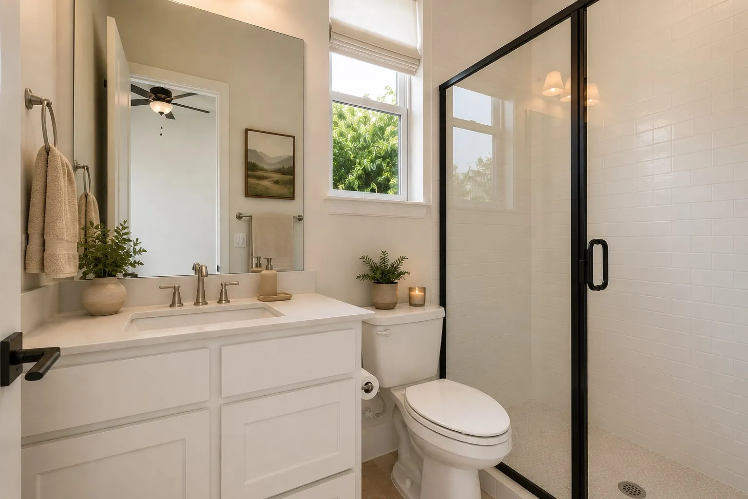 This stylish ensuite bath pairs crisp white cabinetry with a sleek black-framed glass shower, subway tile surround, and natural light for a fresh, modern finish. (Ai Staged)