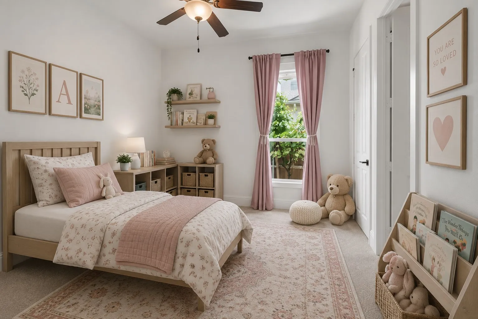 Comfortable and versatile, this spacious bedroom features plush carpet, a ceiling fan, and a sunny window—an easy fit for guests, kids, or a private work-from-home space. (Ai Staged)