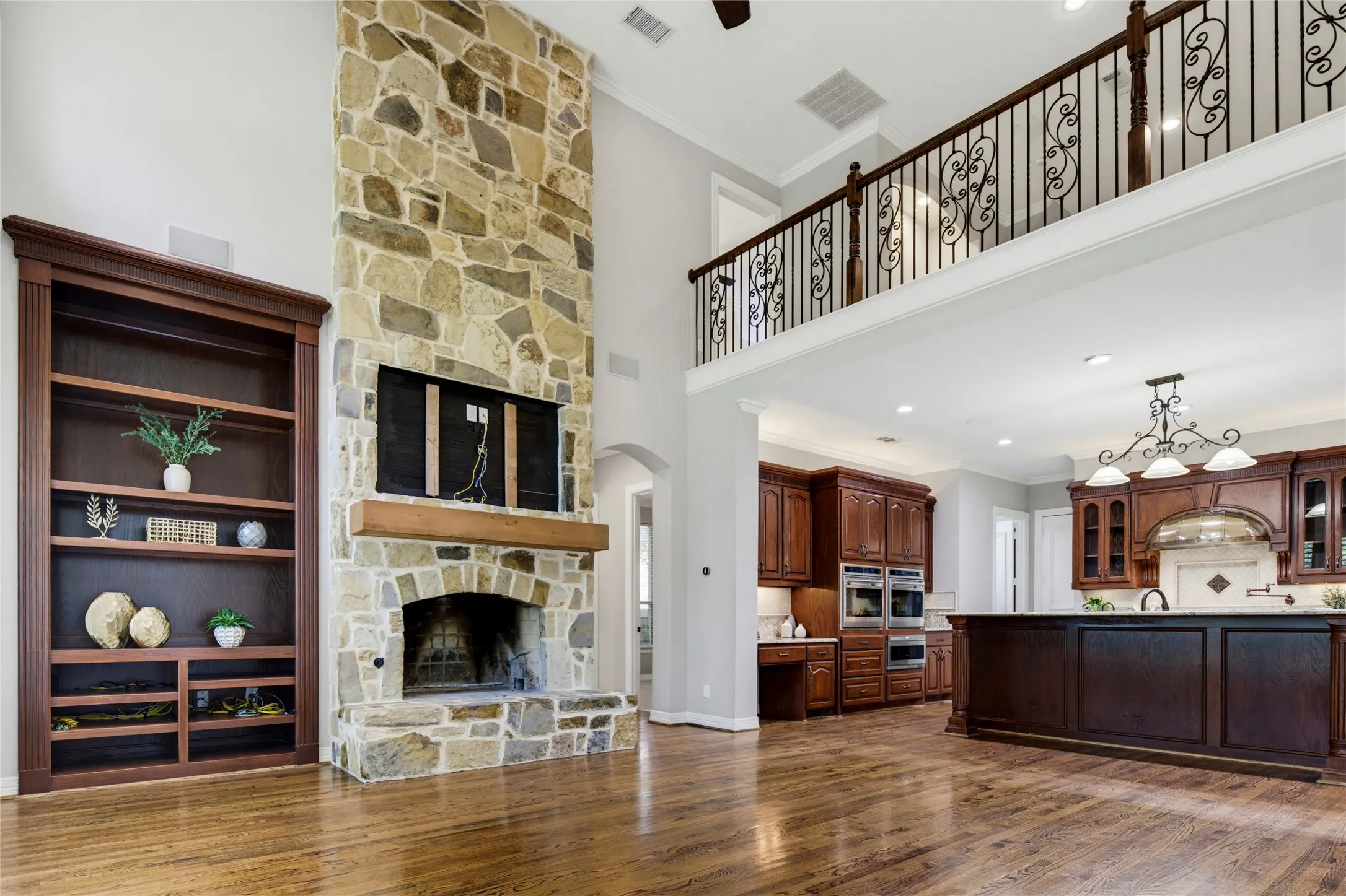 From this angle, you can see the wrought iron balusters of the game room.