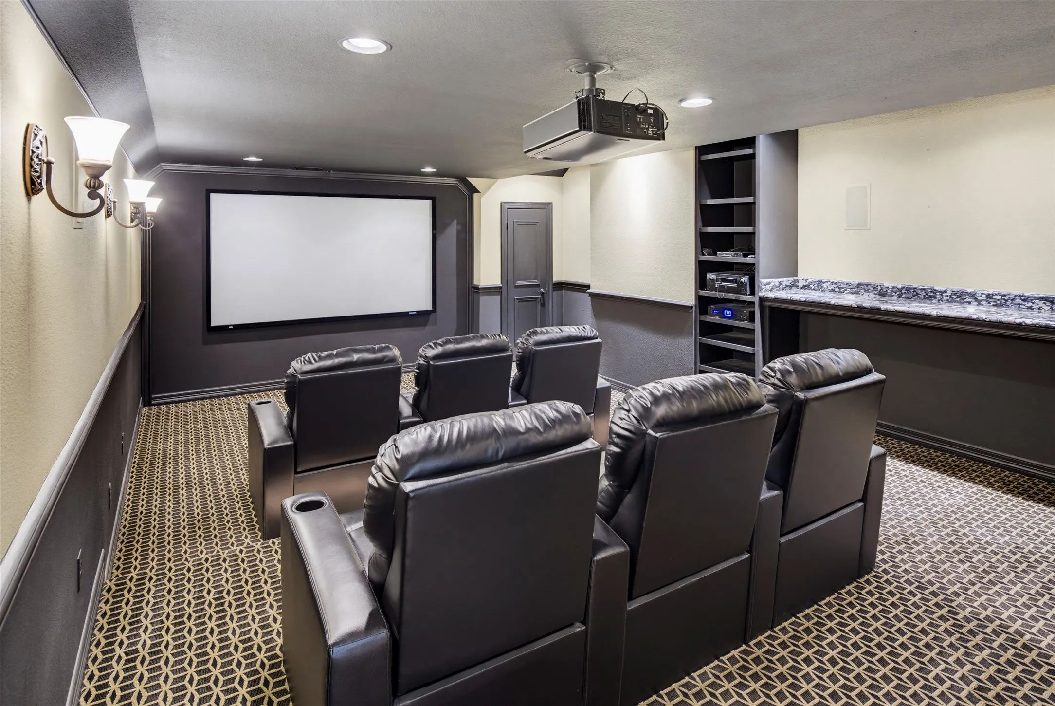 Media room with lighted tiered seating, granite bar, JVC Provision projector and screen, and huge storage closet.