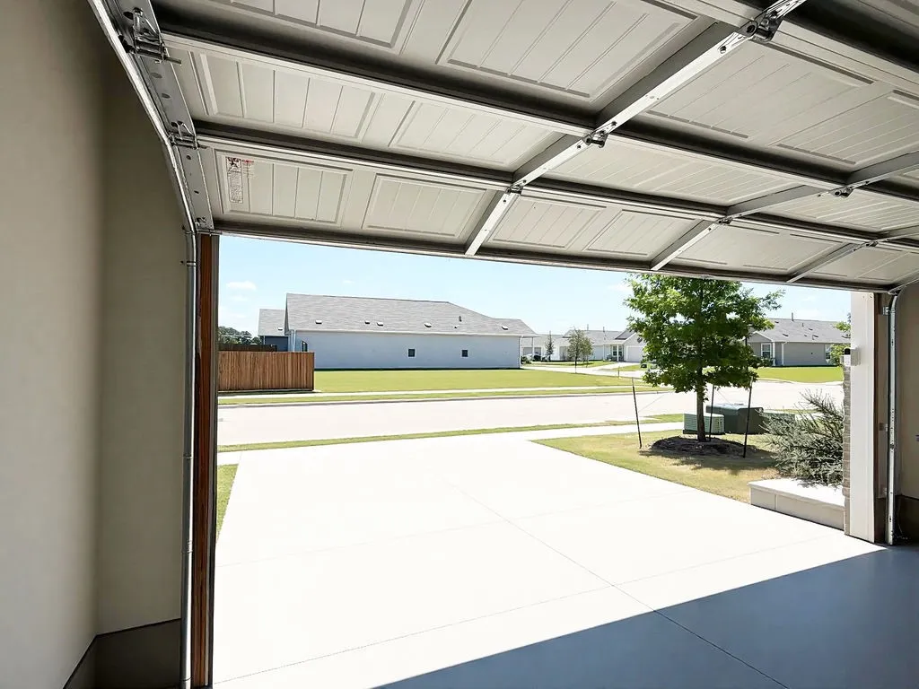 Spacious garage interior with an overhead sectional door, featuring a concrete driveway and landscaped front yard