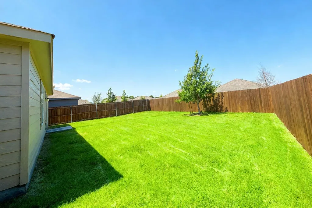 Expansive backyard featuring a lush lawn, a young deciduous tree, and a full privacy fence