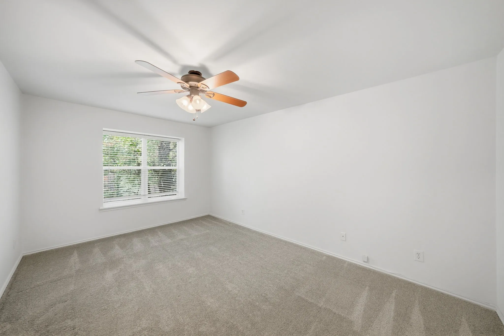Neutral-toned carpet flooring and white painted walls