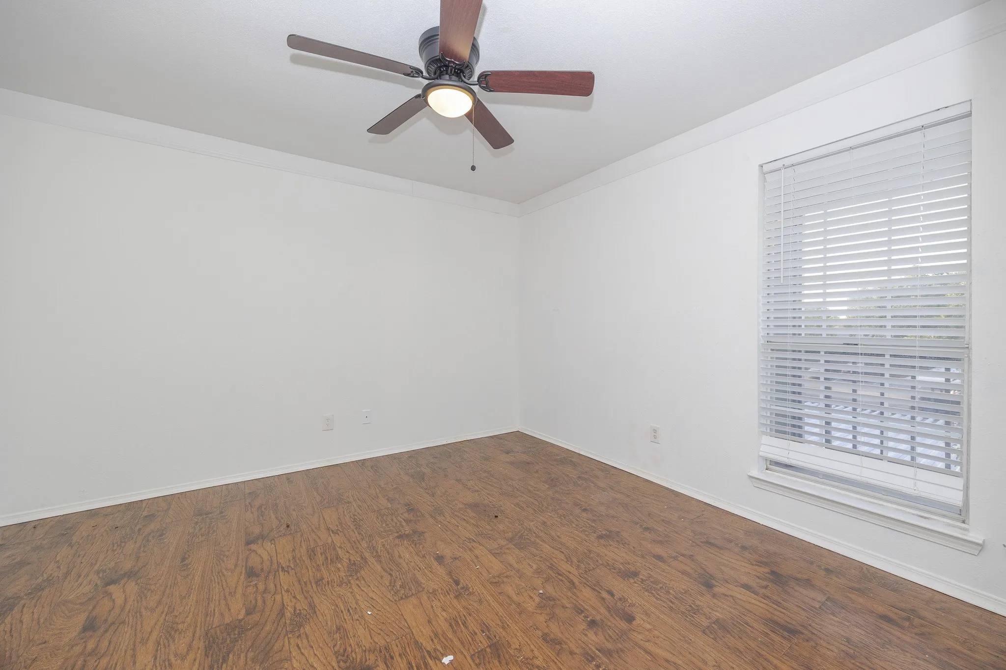 Wood-finish flooring, white walls, crown molding, and a ceiling fan with light fixture