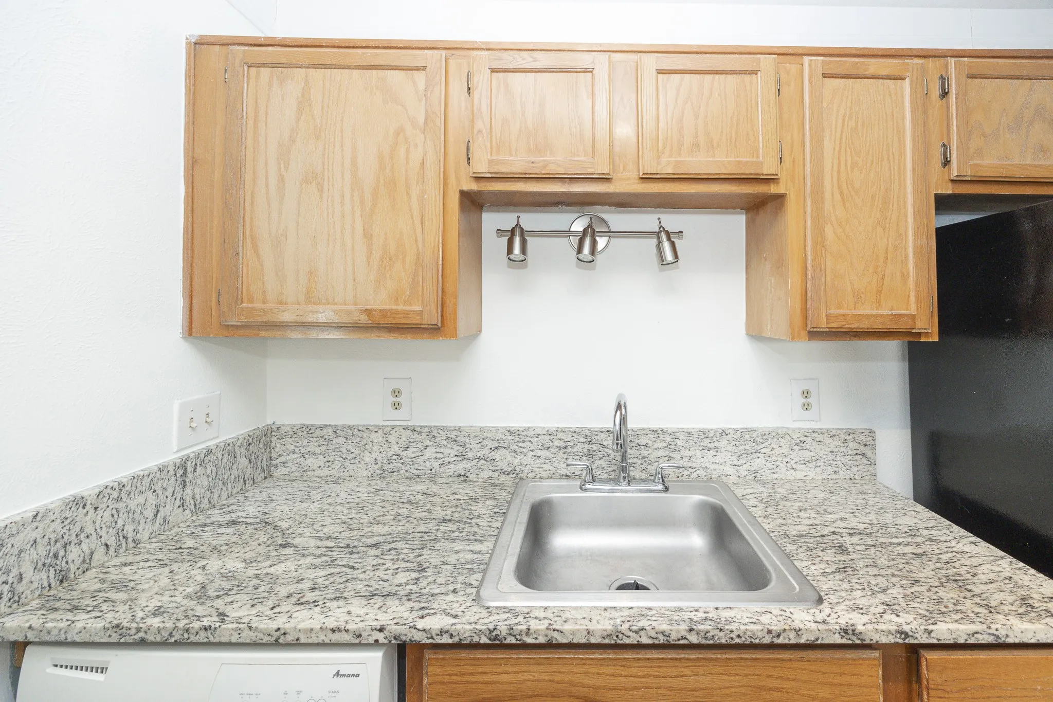 Wood-finish cabinetry, granite-style countertops, stainless steel sink, contemporary track lighting, and a built-in dishwasher