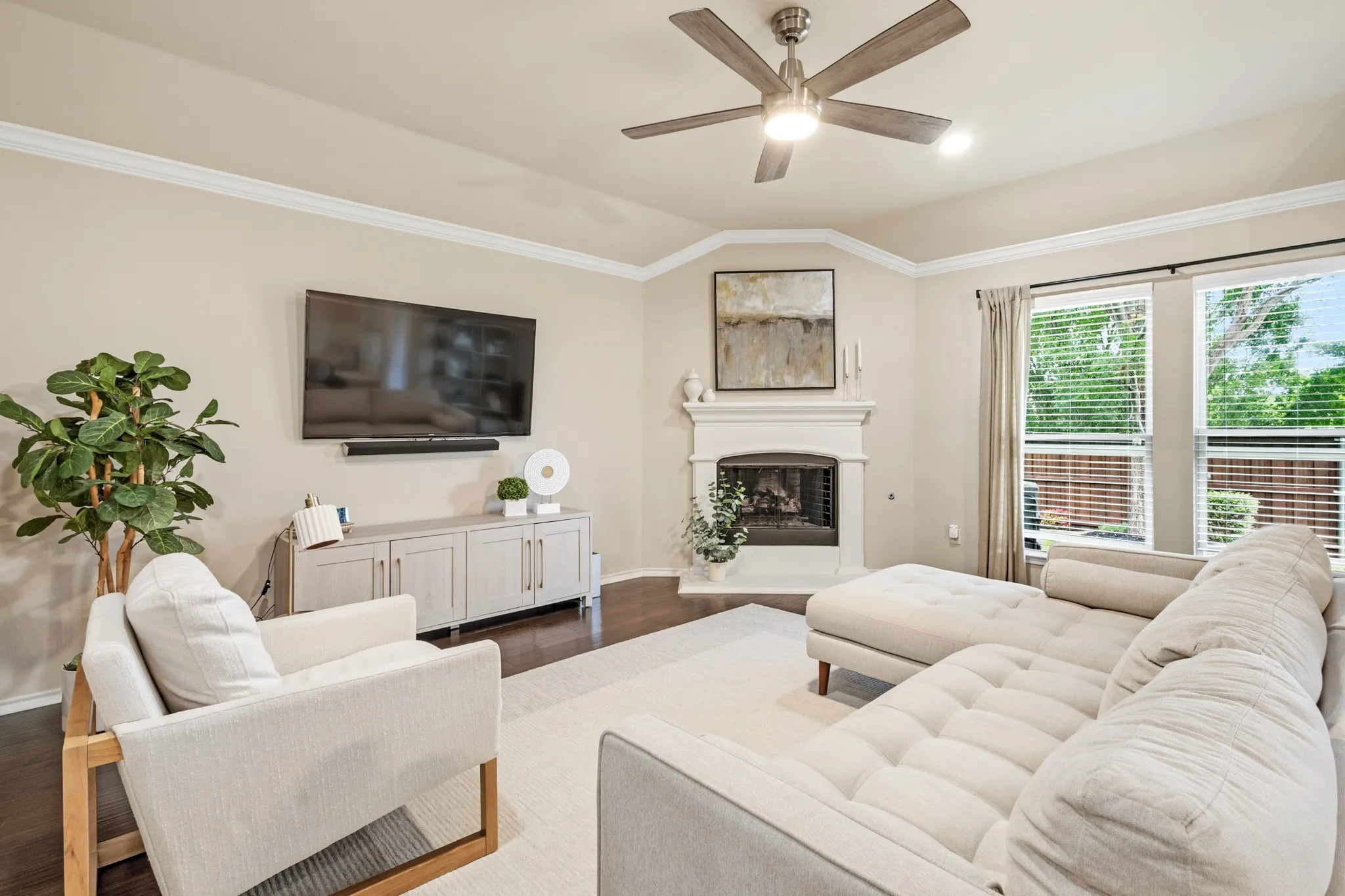 Spacious living area with gas fireplace