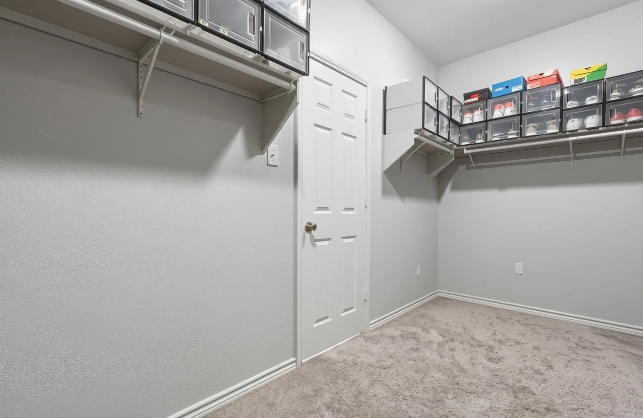 Spacious closet featuring wall-mounted shelving and hanging rods