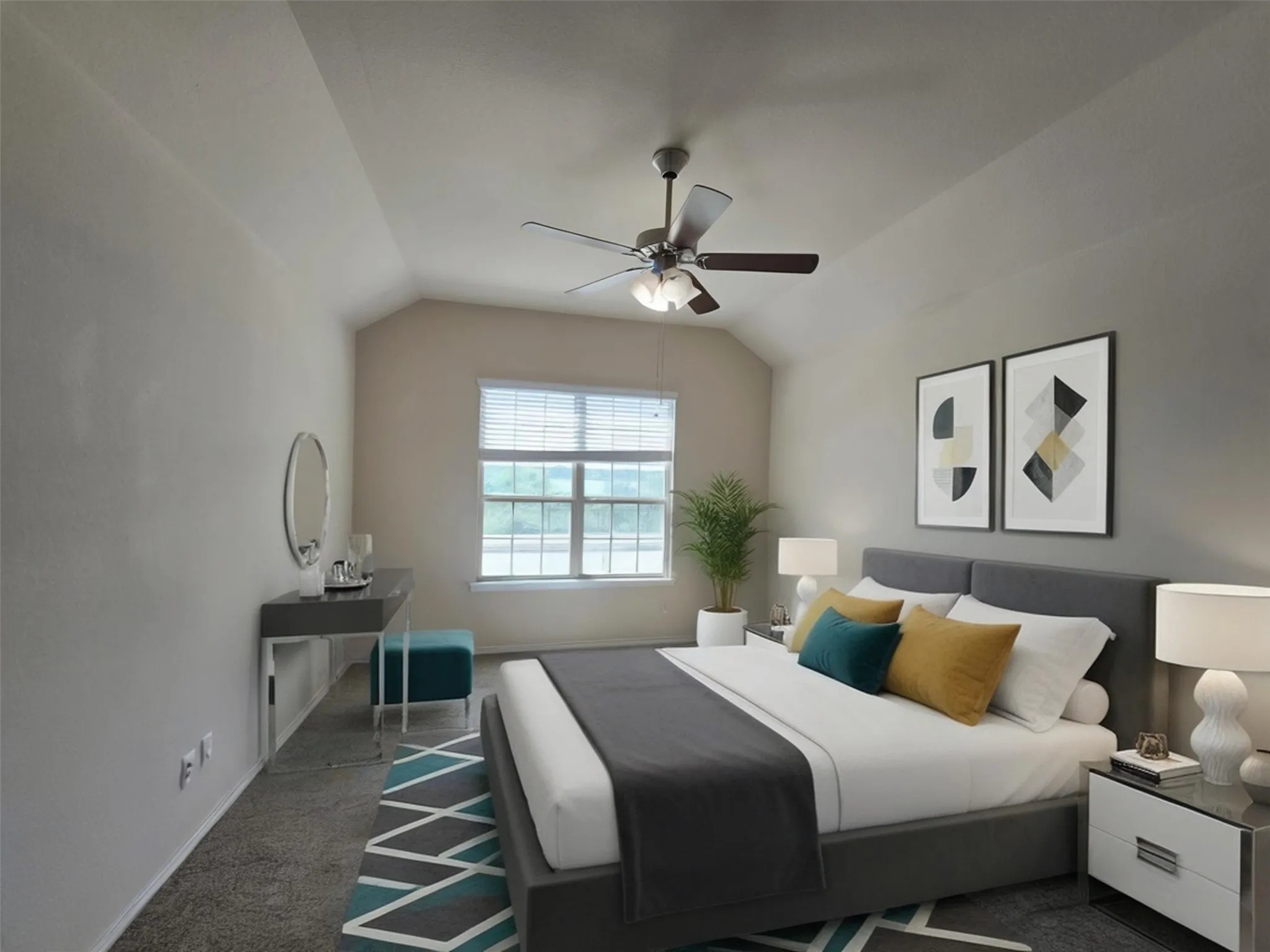Carpeted bedroom featuring a vaulted ceiling with a ceiling fan, a window with blinds, and white baseboards
