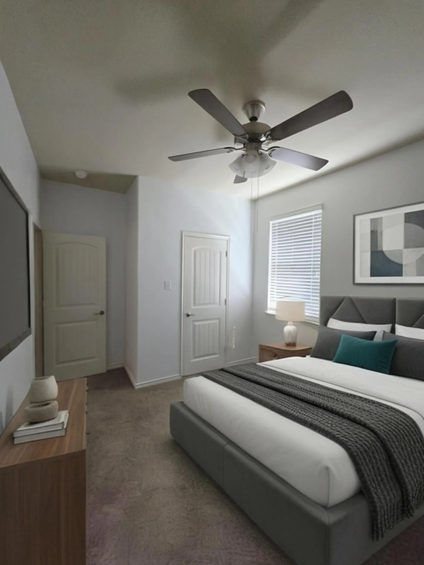 Carpeted room featuring a ceiling fan with integrated lighting, a window with horizontal blinds, and a paneled door