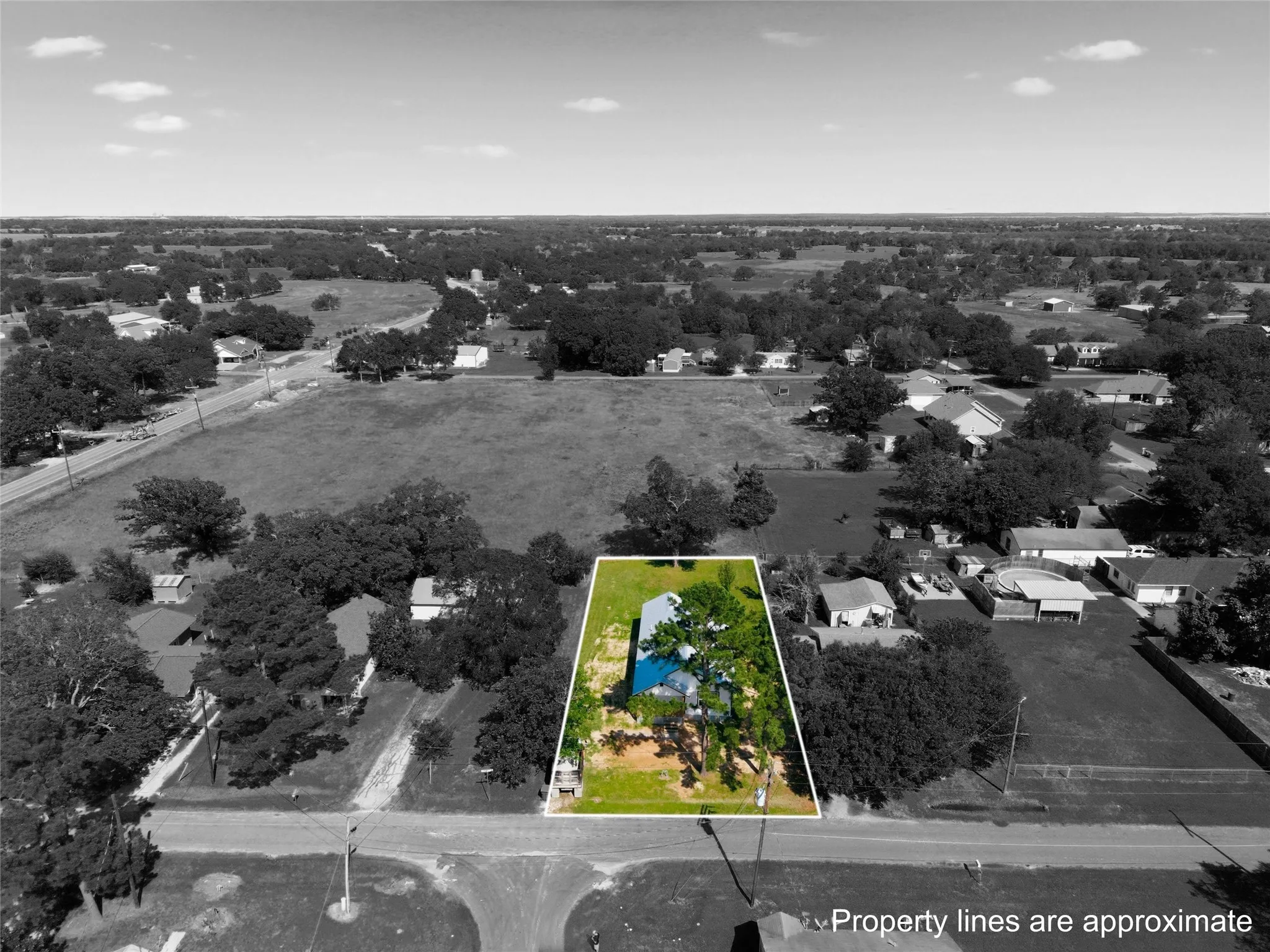 Aerial view of property outlined in white, featuring a single-story structure with a blue roof, mature trees providing shade, and a green lawn