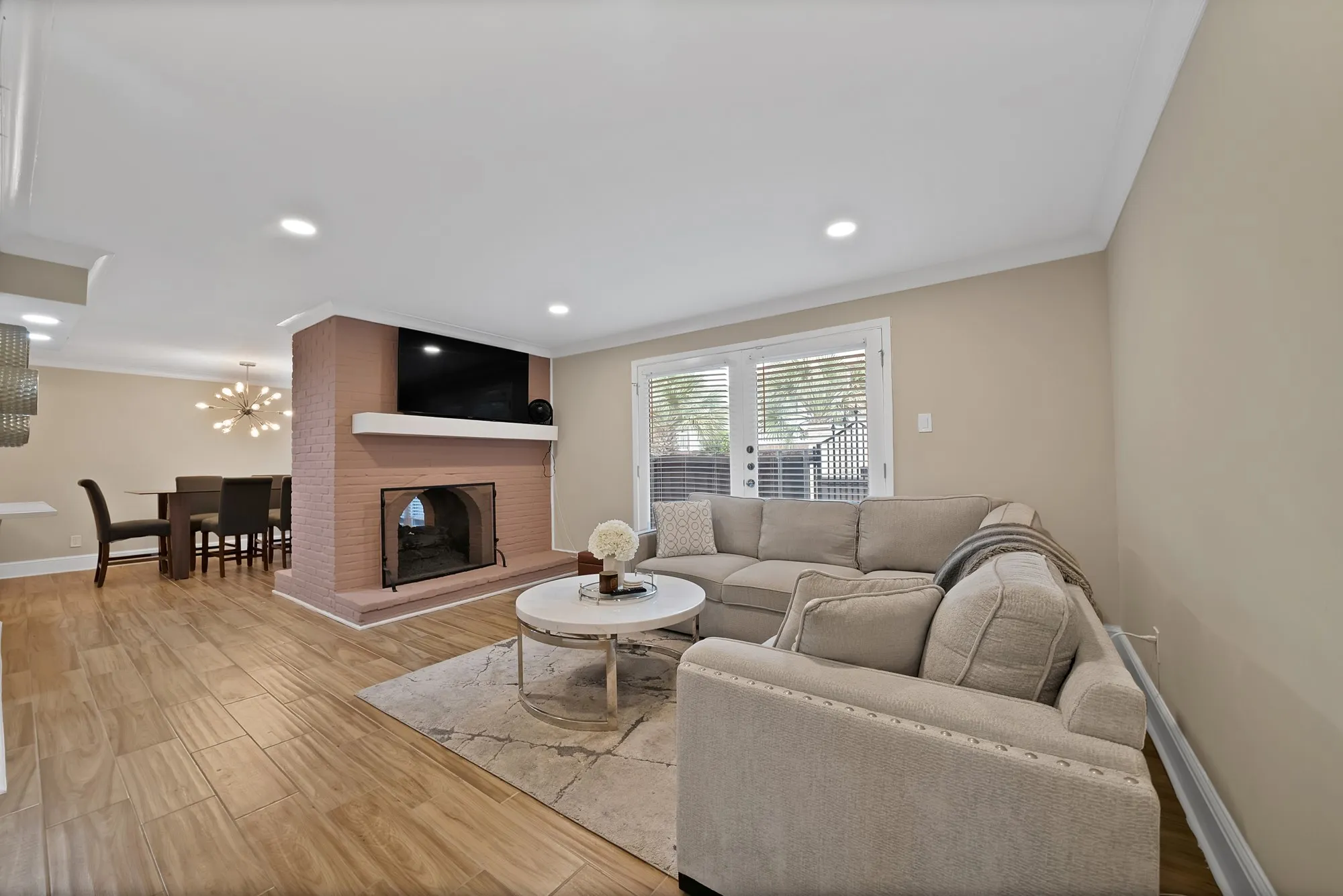 See through fireplace and large living area