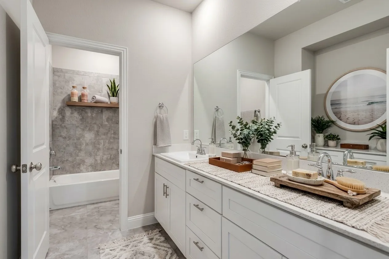 Dual vanity with white cabinetry, integrated sinks, and polished chrome fixtures