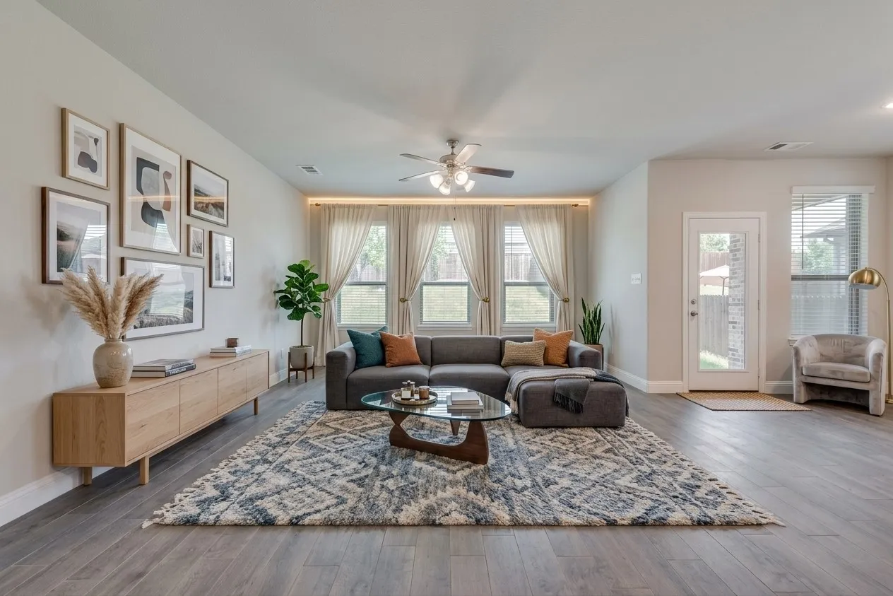 Recessed lighting and ceiling fan in the main living space