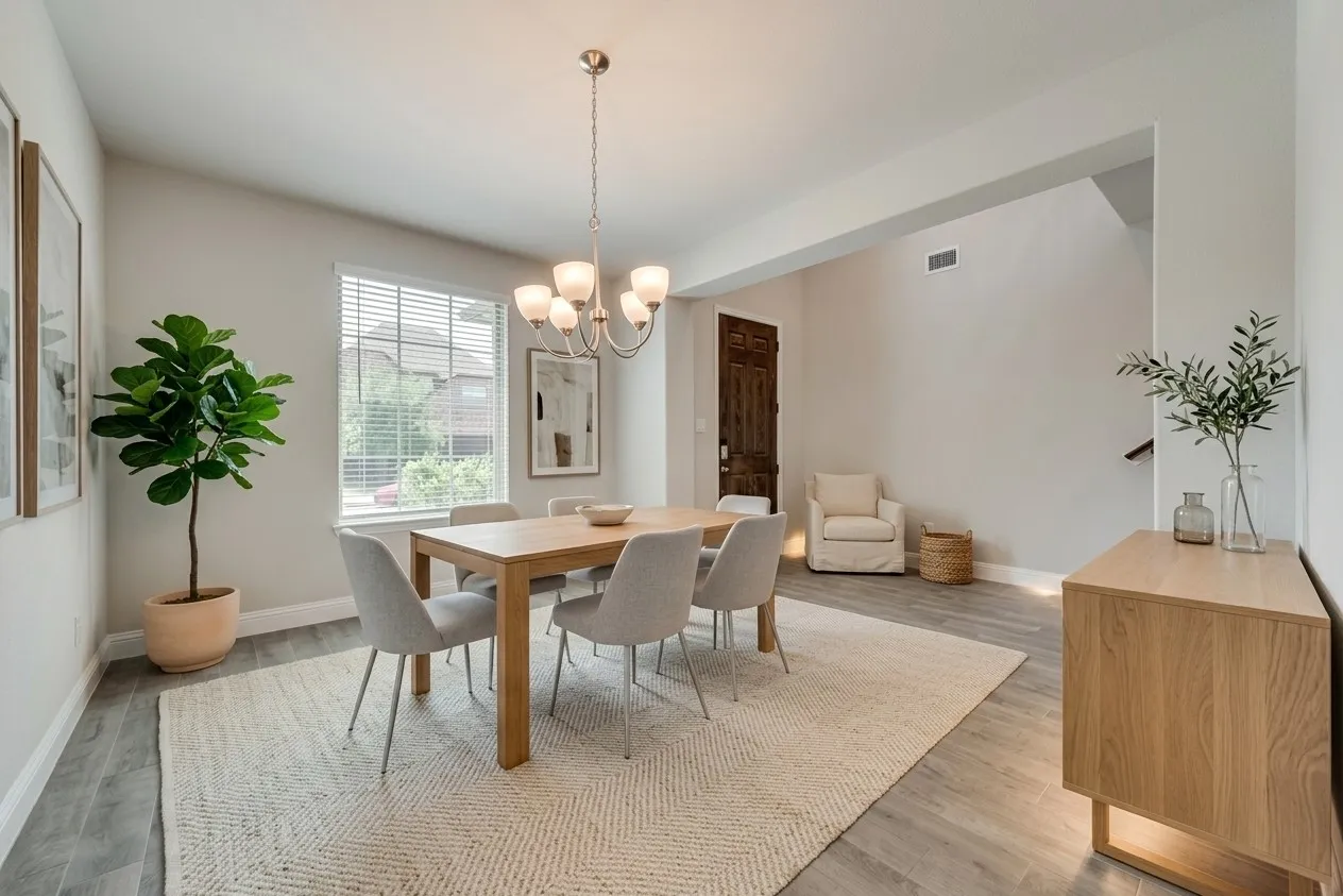 Wood-finish flooring, abundant natural light, chandelier lighting, and a solid wood entry door