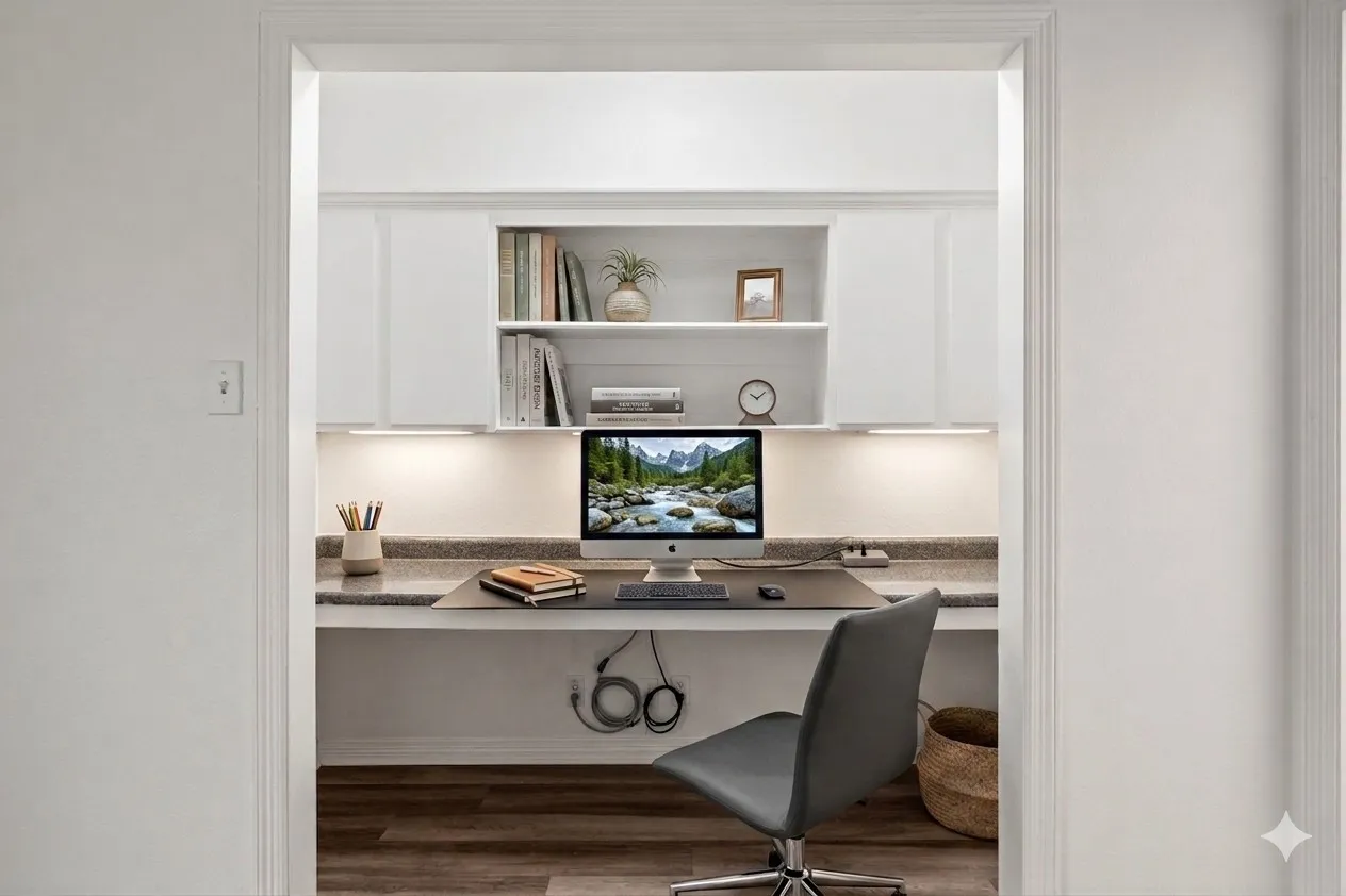 built in home office in primary bedroom virtually staged