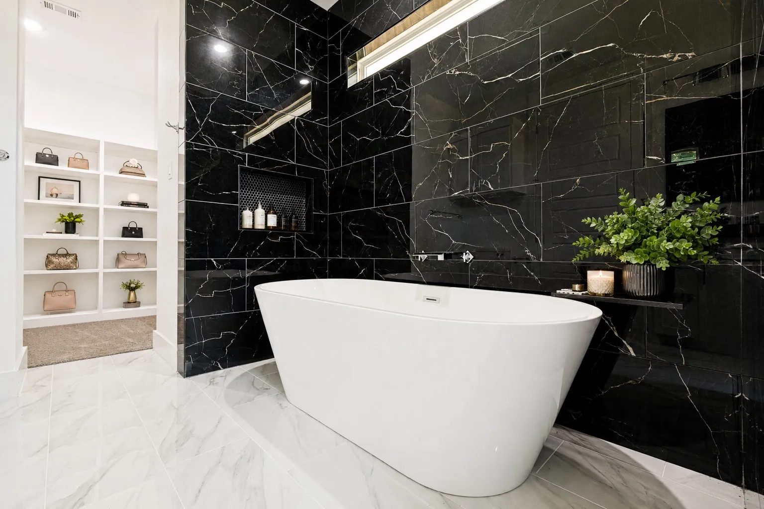 Master Bathroom Free Standing Tub, floor to ceiling beautiful high gloss tile with soap dish