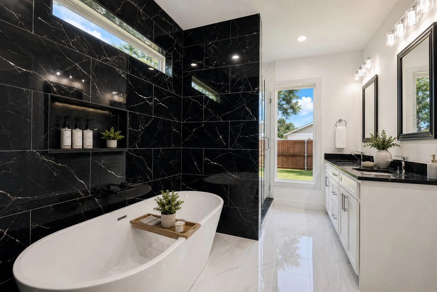 Master Bathroom Free Standing Tub, floor to ceiling beautiful high gloss tile with soap dish