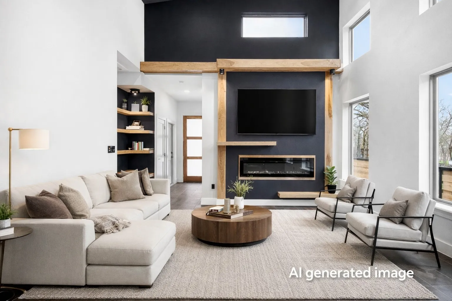 Living room featuring a high ceiling, healthy amount of natural light, and a glass covered fireplace: AI Generated Staging