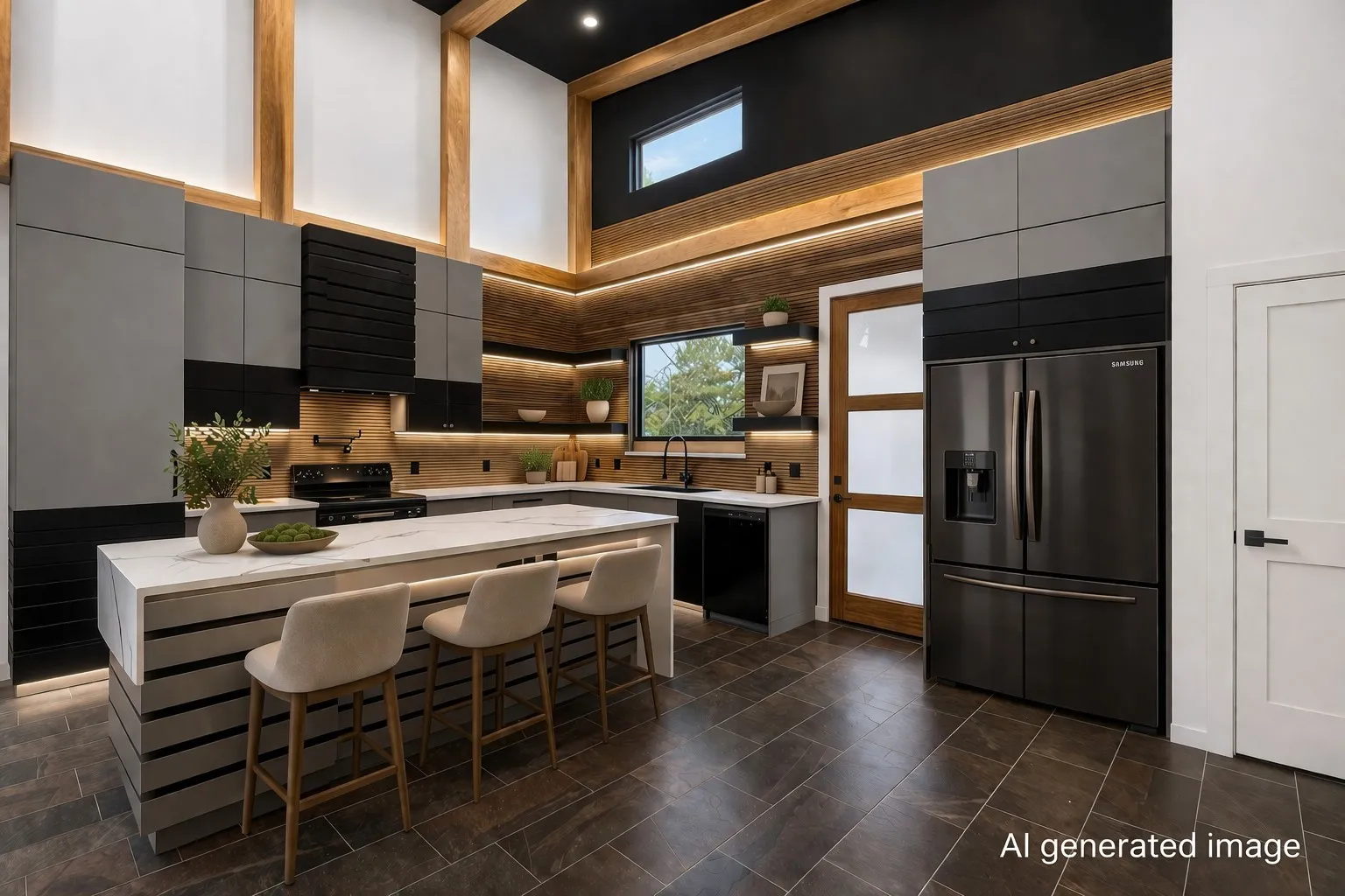 Dual tone kitchen featuring black appliances, a kitchen bar, a high ceiling, a kitchen island, and tasteful backsplash; AI Generated Staging