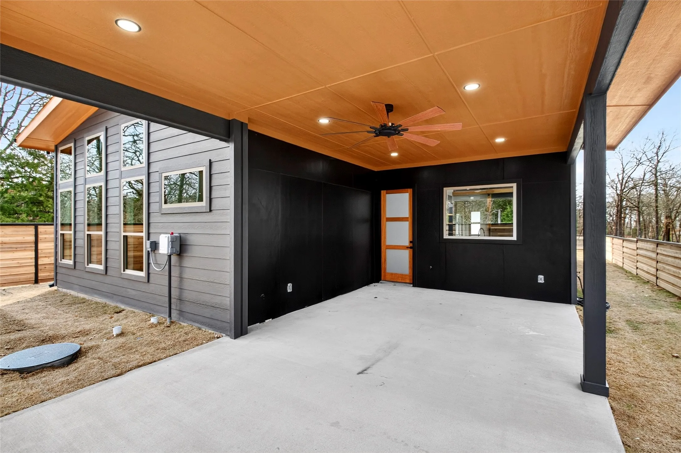 View of patio featuring ceiling fan