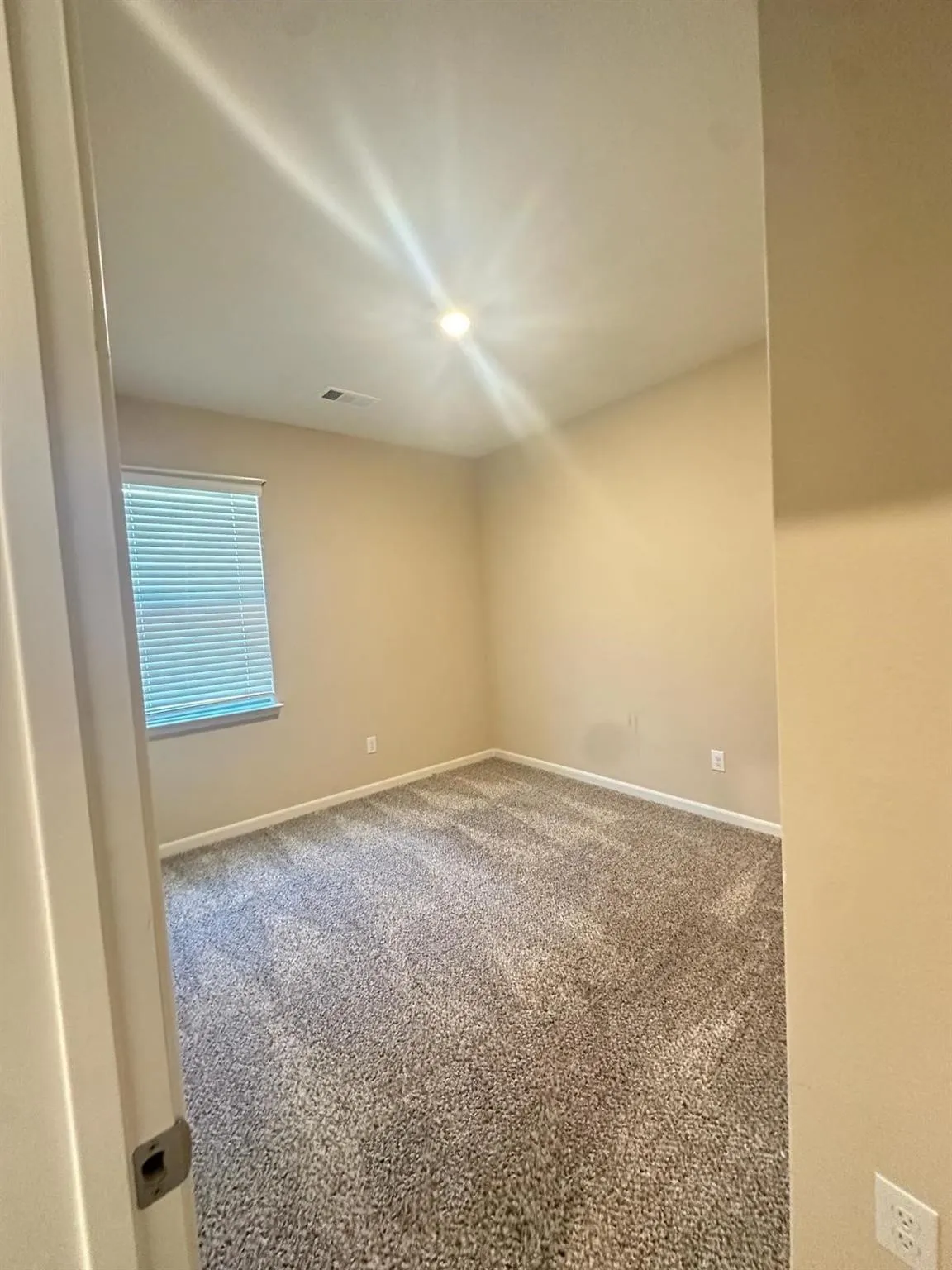 Neutral-toned carpeting complements light wall paint in this room featuring a window with horizontal blinds and a ceiling-mounted light fixture