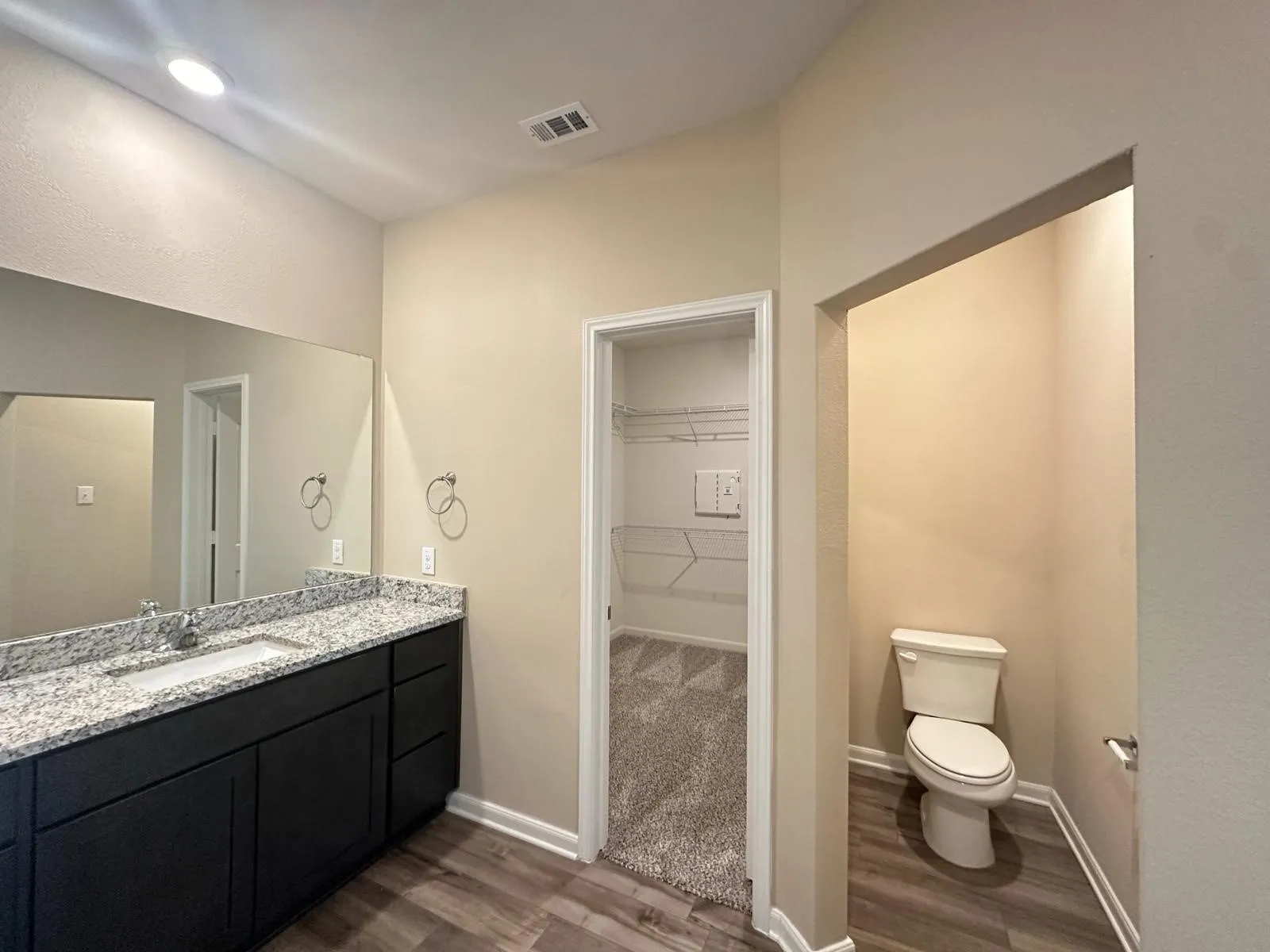 Vanity featuring a spacious countertop, integrated sink, and dark cabinetry