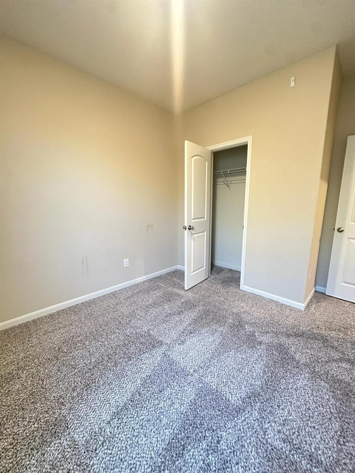 Neutral-toned walls complement the gray carpeting