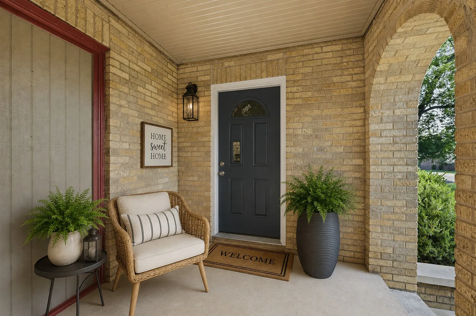 Virtually staged front porch and painted front door, imagine the possiblities