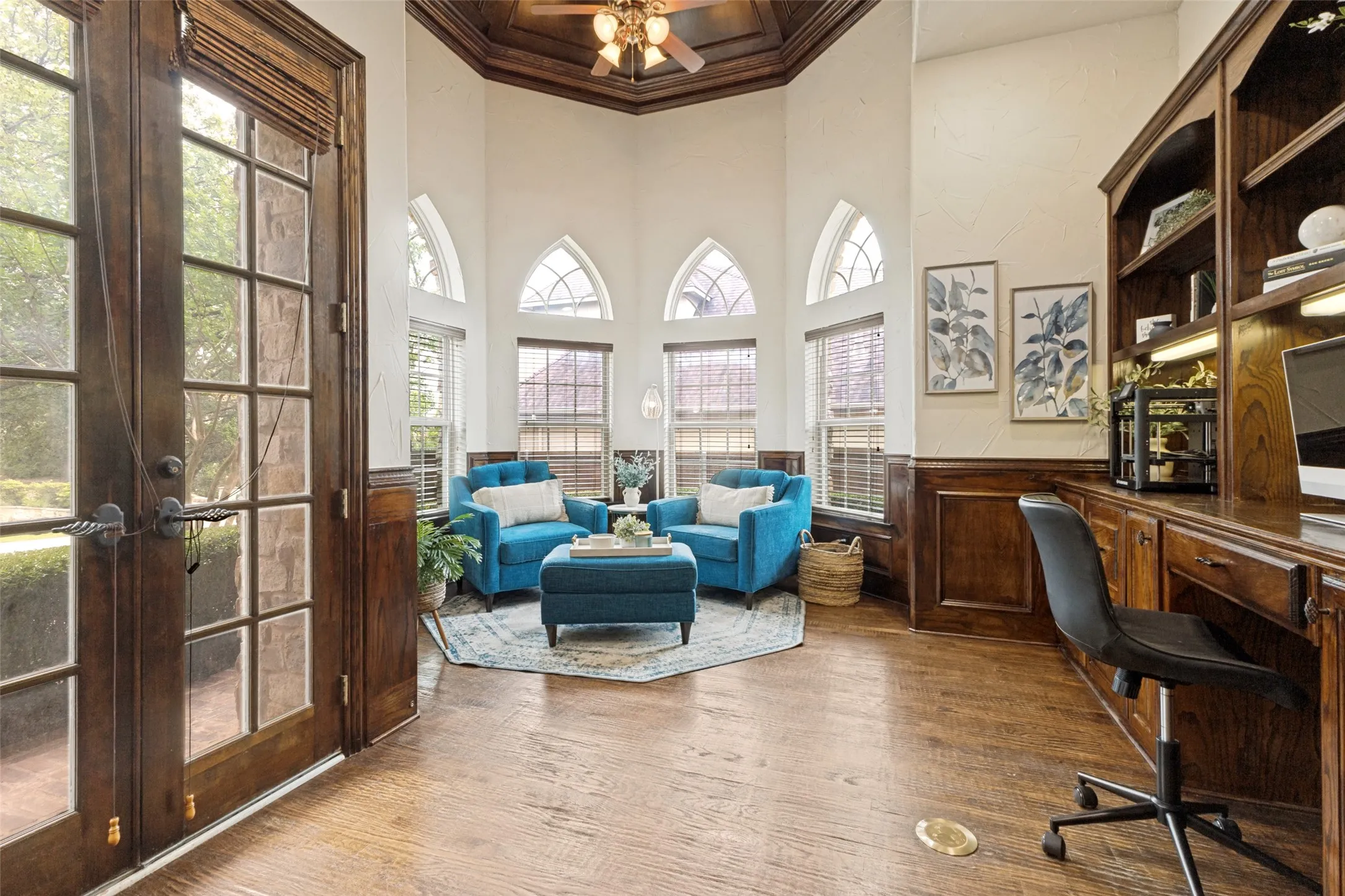 Large study with built in cabinetry and living space.