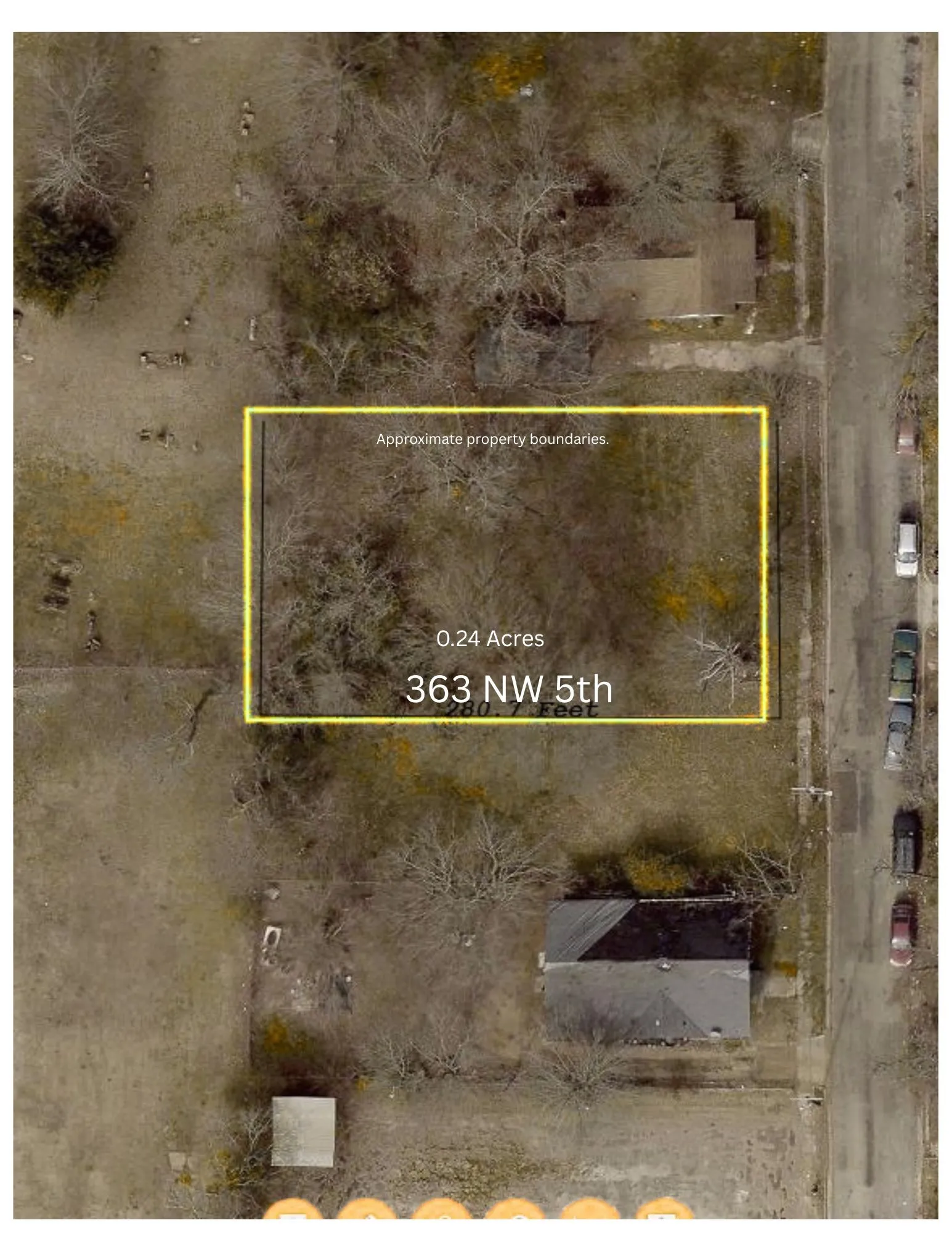 Aerial Map. Depicting approximate property boundaries, acreage, and address