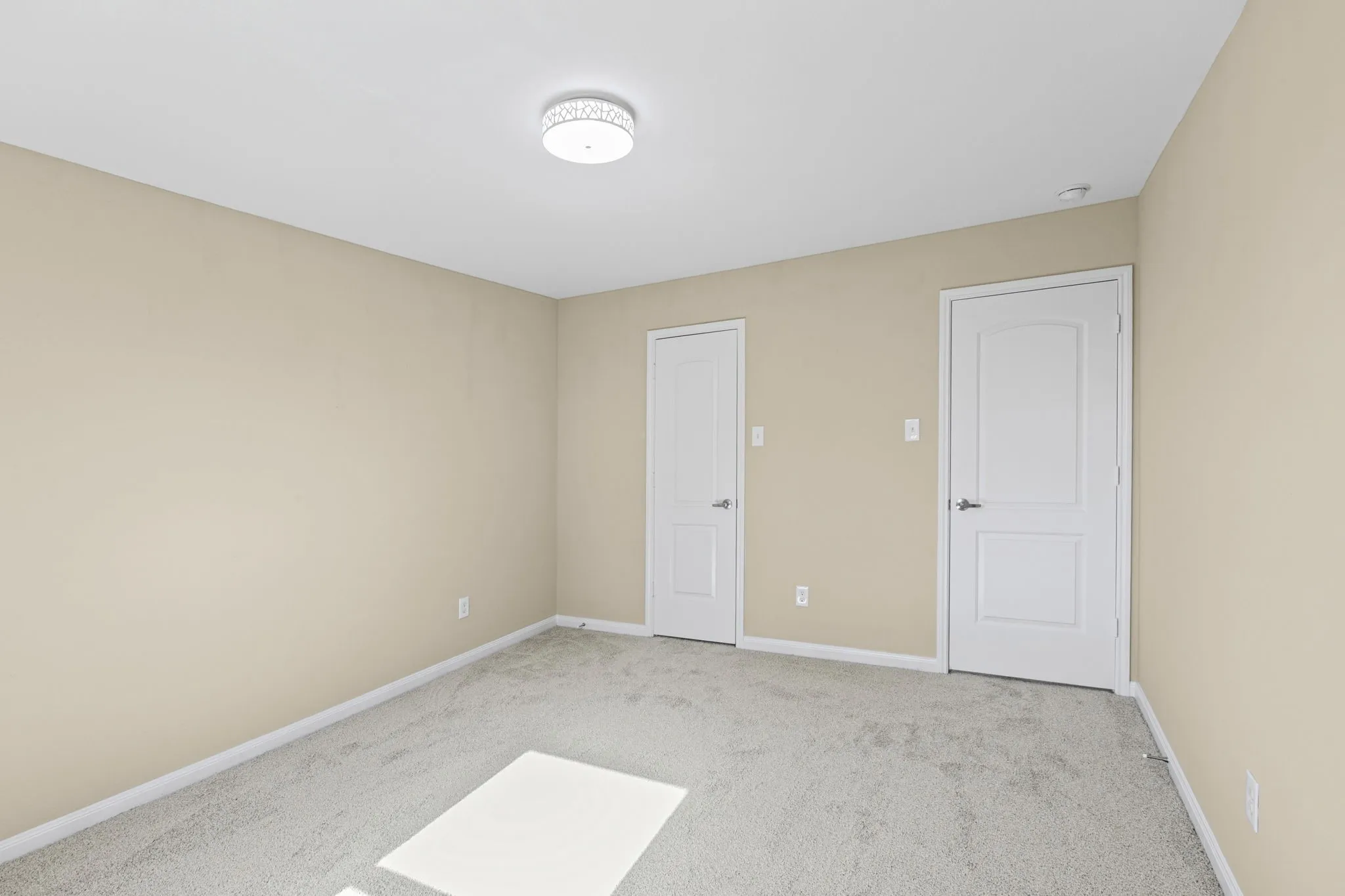 Neutral-toned interior featuring two white paneled doors, light grey carpeting, and a flush mount ceiling light fixture