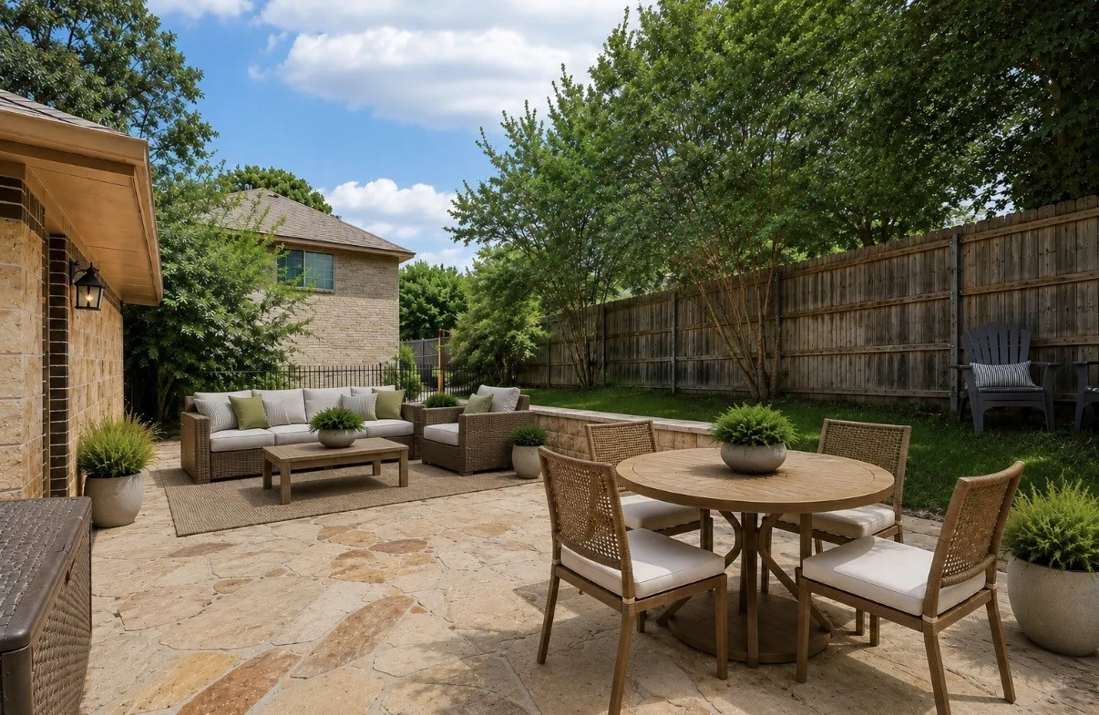 Back patio and yard located at the by the 2 car garage. Virtually Staged