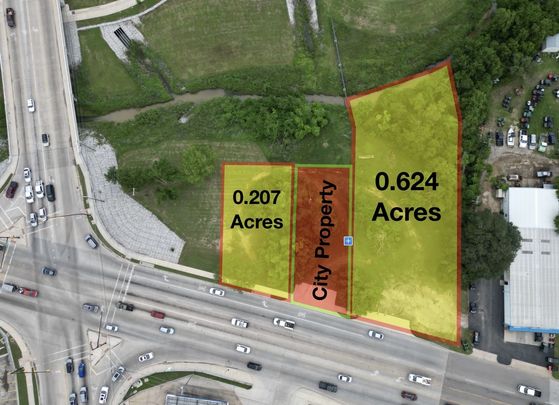 Aerial Property Survey. Illustrating land parcels, including a city-owned segment, with stated acreage values