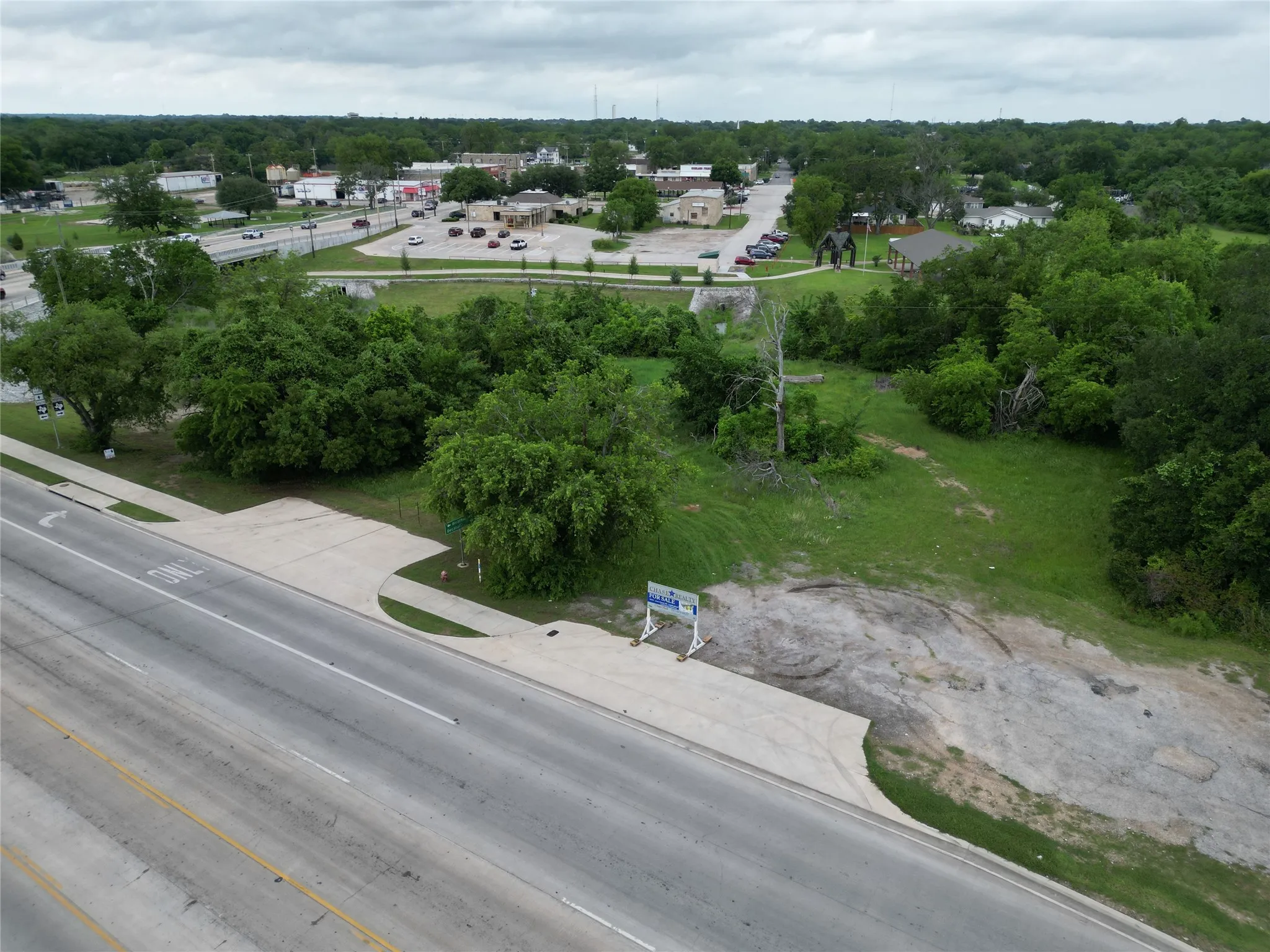 Expansive undeveloped lot featuring mature trees and a substantial road frontage with a concrete curb cut
