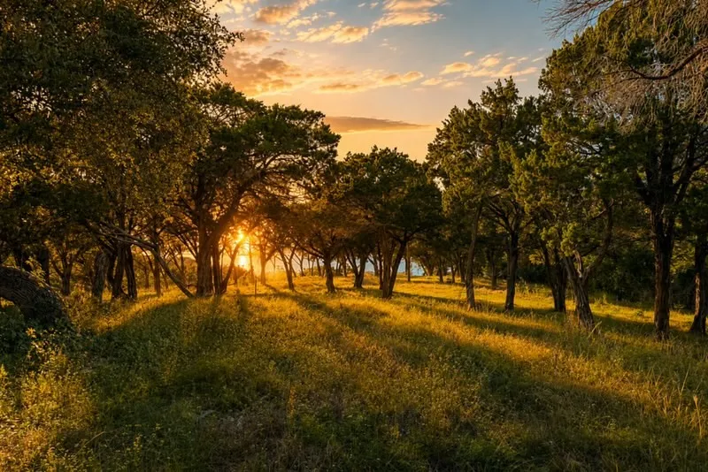 Expansive natural landscape featuring mature trees and varied foliage across a gently sloping terrain