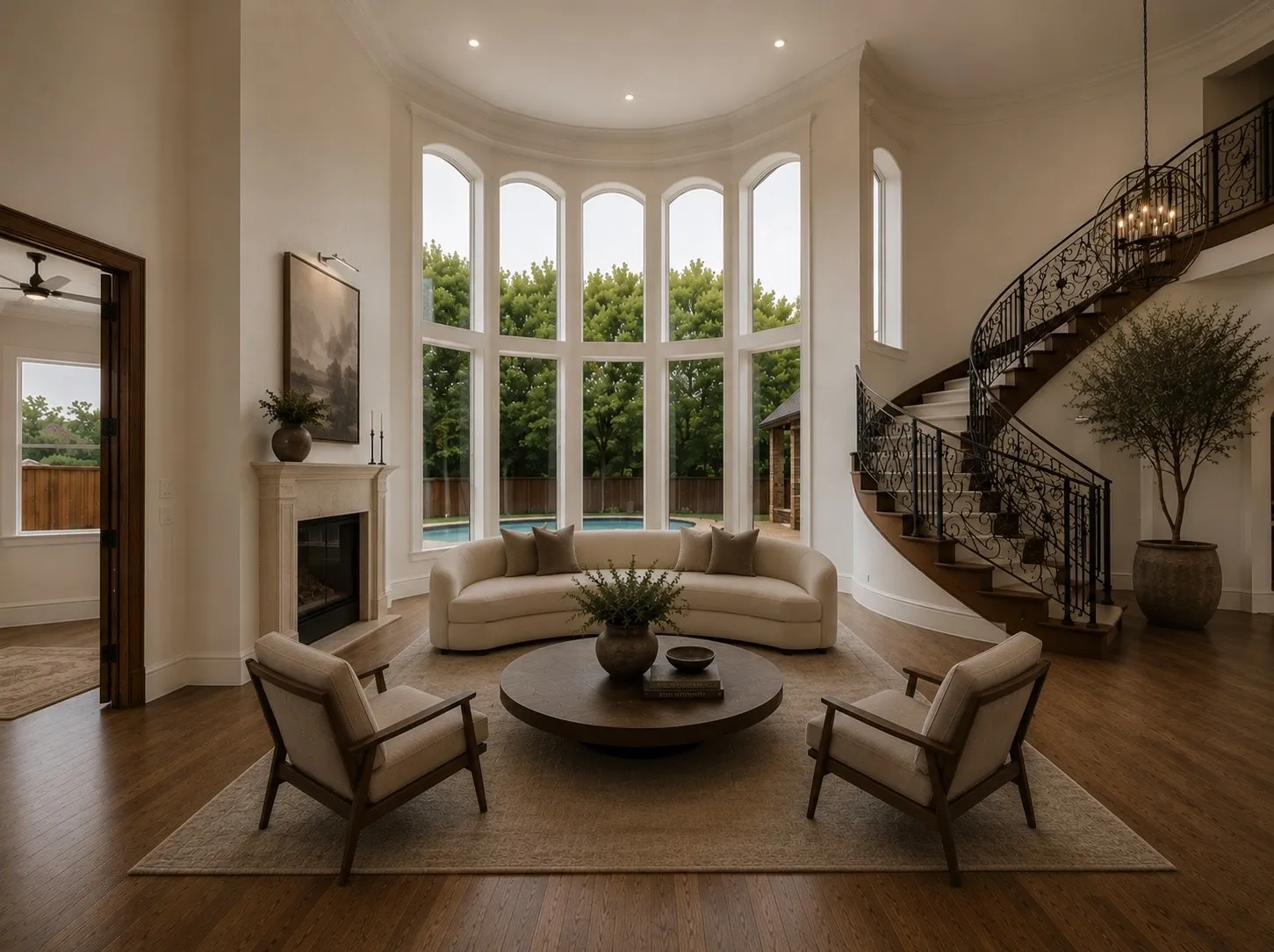 Grand Virtually Staged living space featuring a two-story arched window wall, a stone fireplace, wood-finish flooring, a spiral staircase with an ornate iron railing, and a glimpse of an outdoor pool