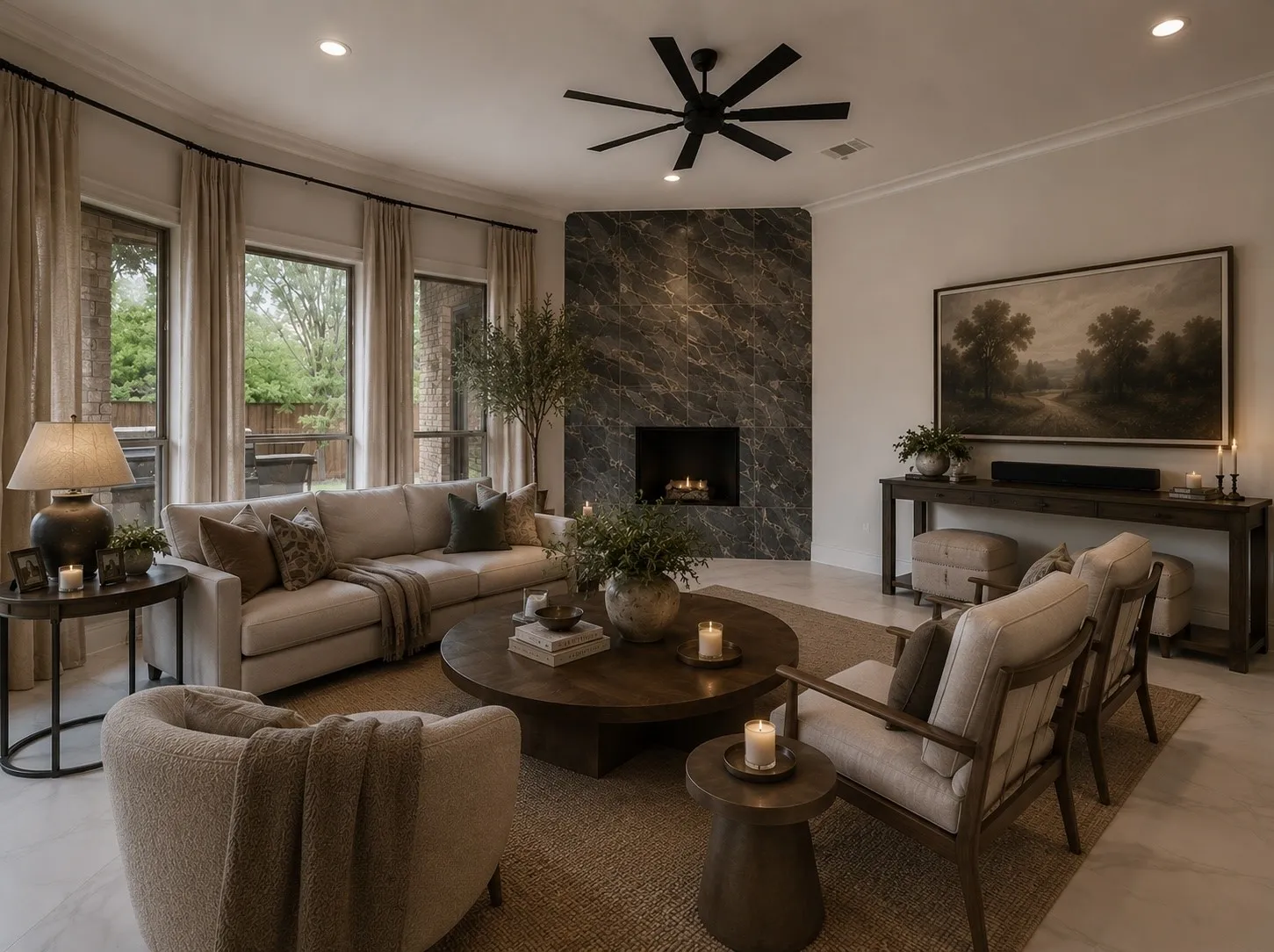 Spacious Virtually staged living area featuring a corner fireplace with a dark stone-look surround, a contemporary ceiling fan, recessed lighting, and multiple windows with outdoor views