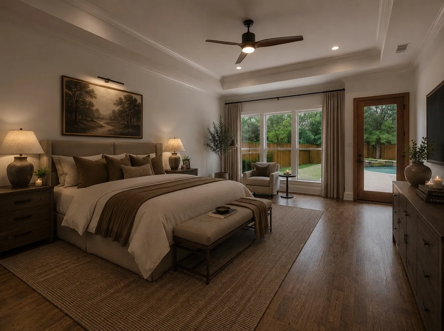 Spacious Virtually staged Primary Suite featuring wood-finish flooring, a tray ceiling with recessed lighting and a ceiling fan, and multiple windows