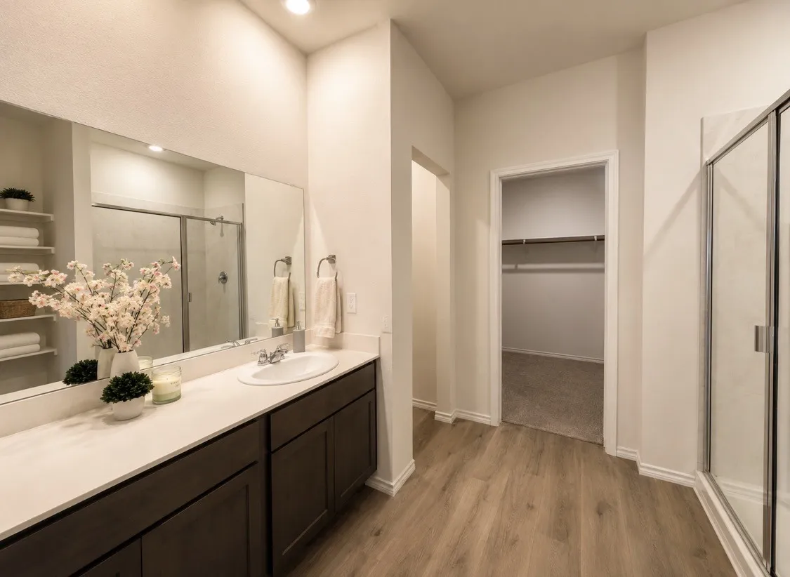 Bathroom featuring a dark wood-finish vanity with a single sink and white countertop, a frameless mirror, a glass-enclosed shower, wood-finish flooring, and recessed lighting