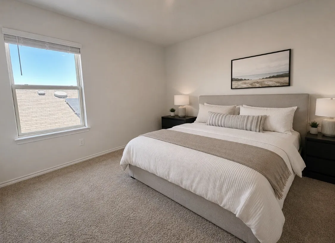 Plush carpeting, neutral wall tones, and a large window with blinds define this space