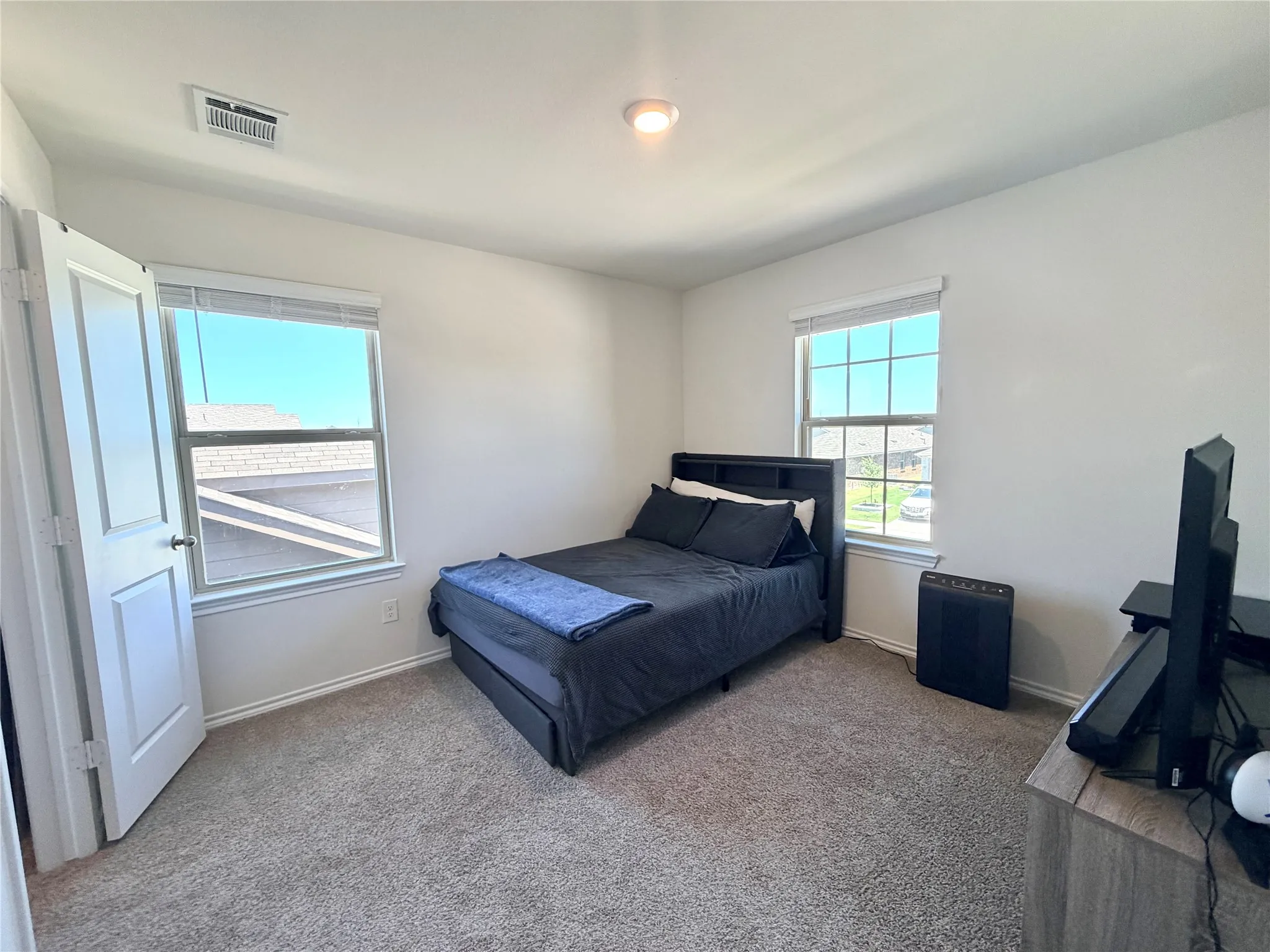 Carpeted room featuring two windows with blinds, a white paneled door, and a flush-mount ceiling light