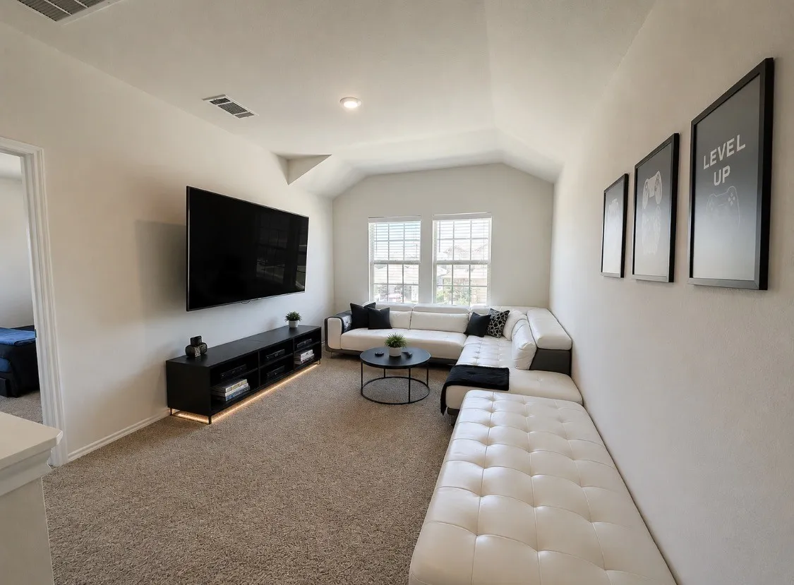 Spacious game room featuring vaulted ceilings, recessed lighting, and soft carpet flooring