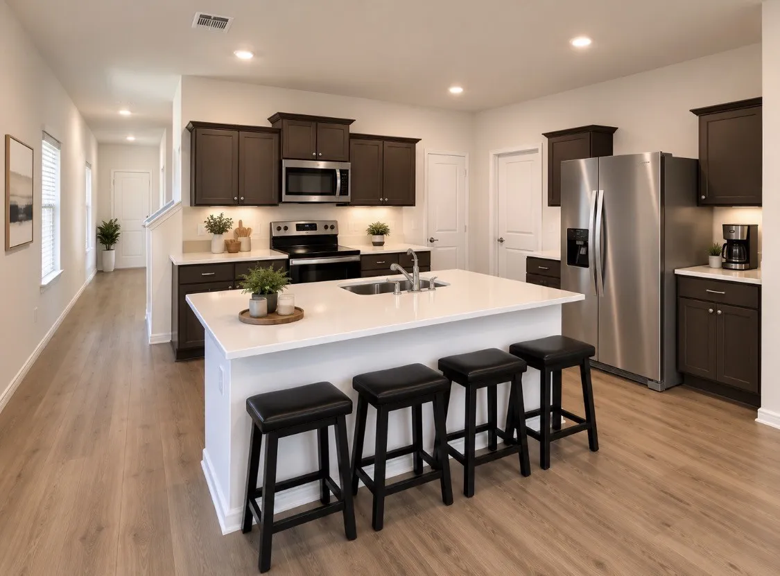 Kitchen featuring an island with a built-in sink, dark wood cabinetry, white countertops, stainless steel appliances, and recessed lighting