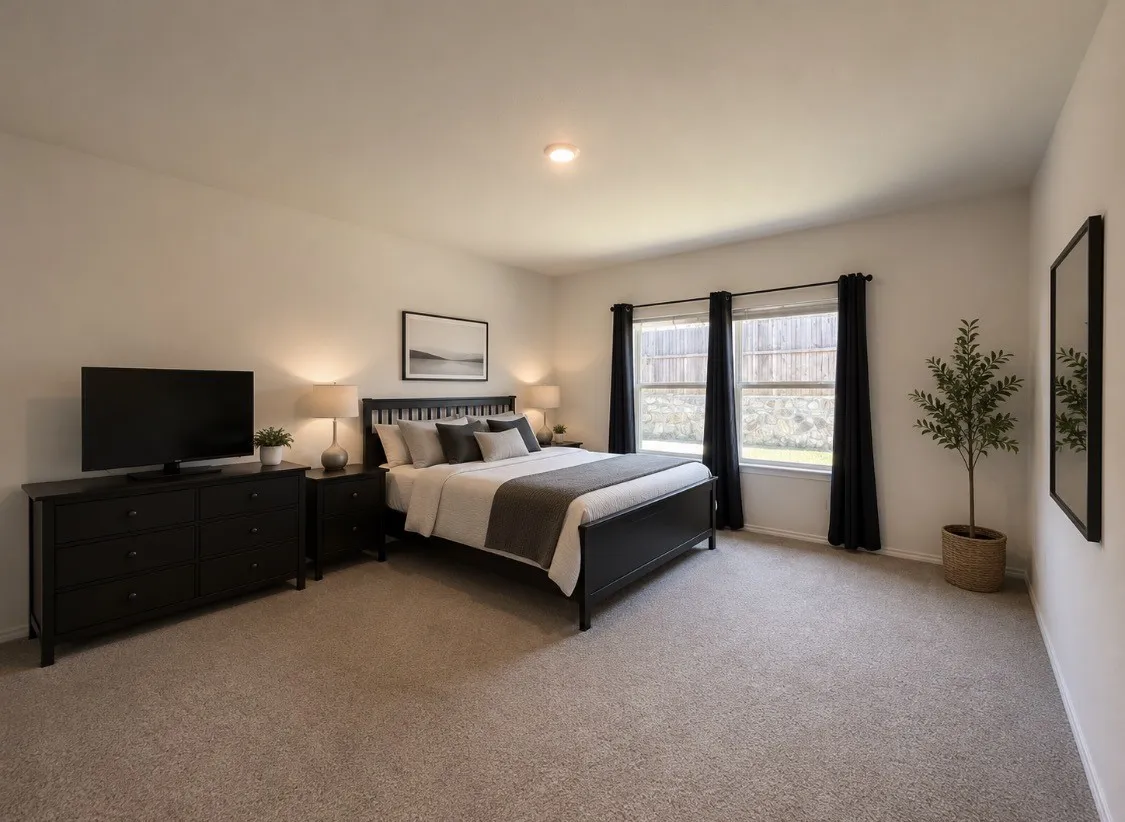 Spacious room with light-toned walls and neutral carpet flooring