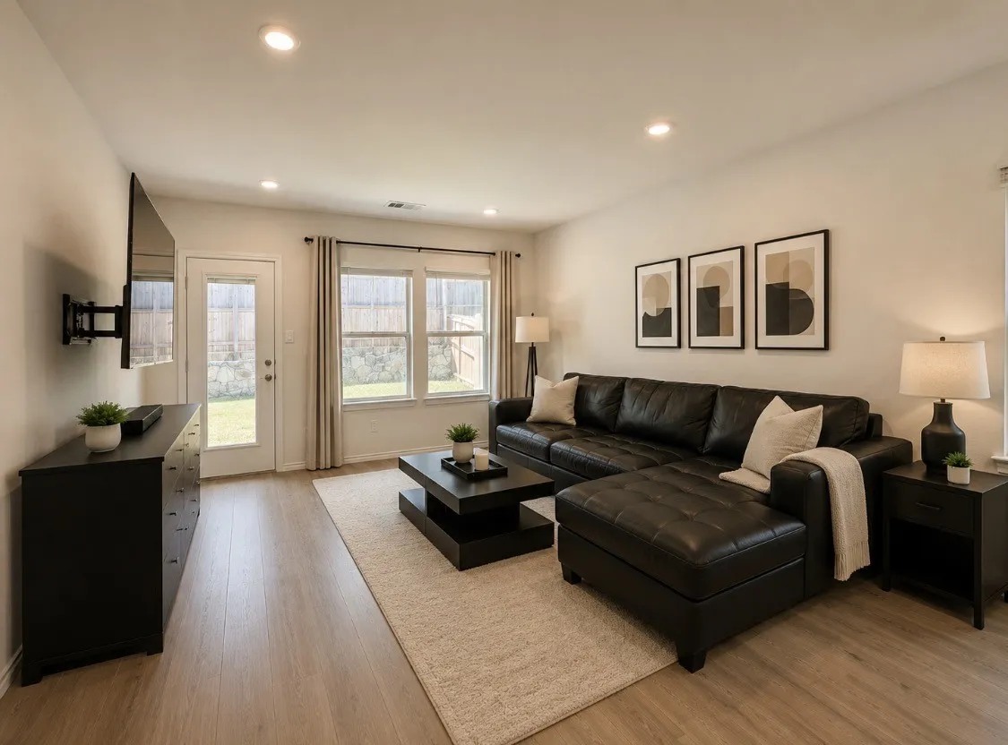 Open-concept living space featuring wood-finish flooring, recessed lighting, and a neutral wall palette