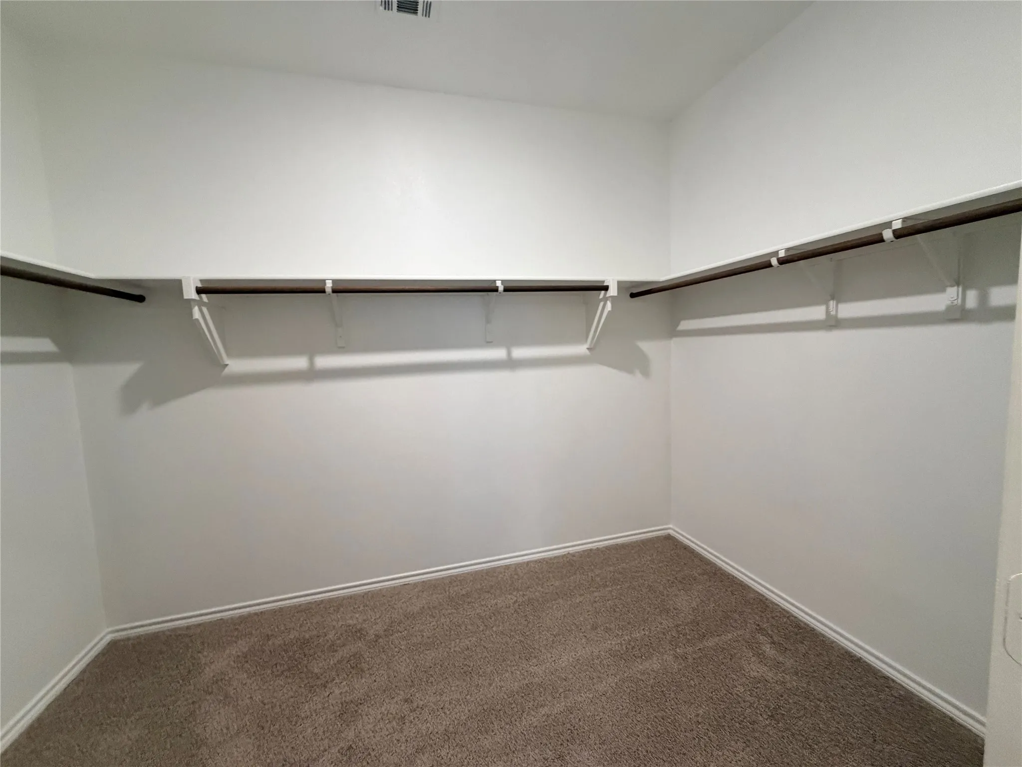 Walk-in closet with carpet flooring, white walls, and built-in shelving with hanging rods