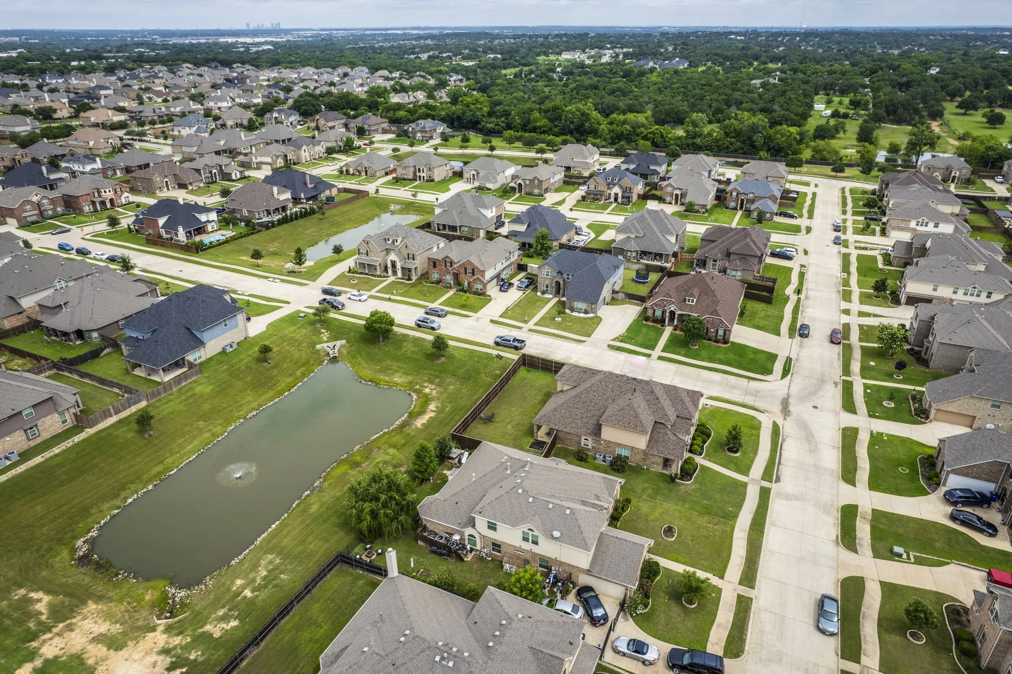 Aerial perspective showcasing a residential community with varied architectural styles