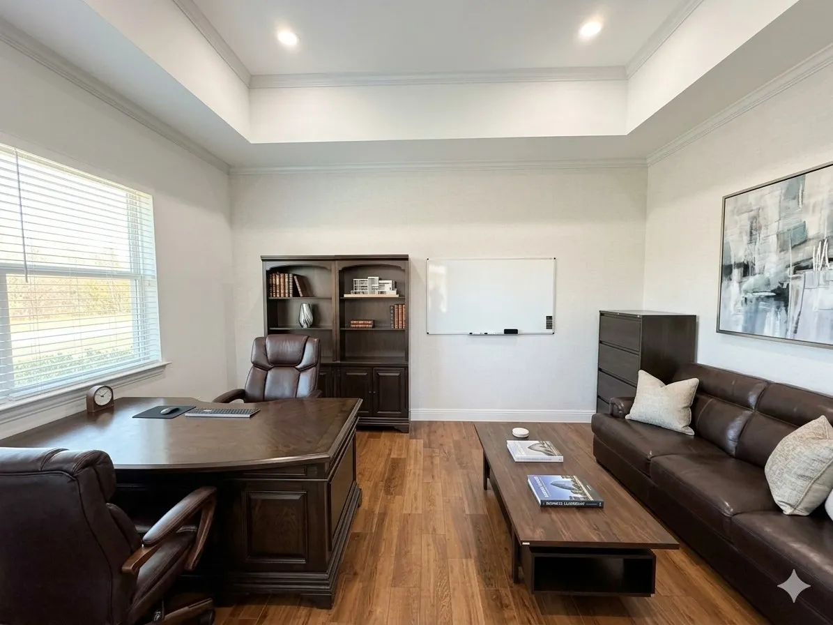 Tray ceiling with recessed lighting, crown molding, wood-finish flooring, and a large window with blinds